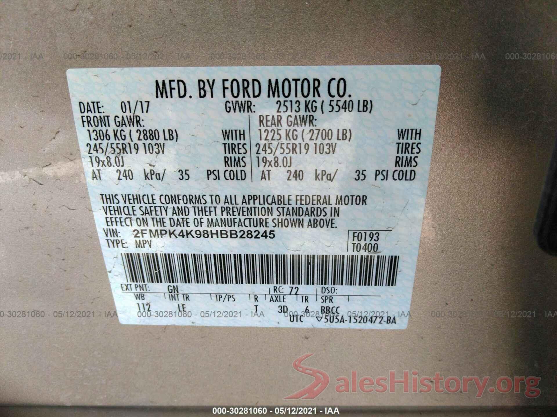 2FMPK4K98HBB28245 2017 FORD EDGE