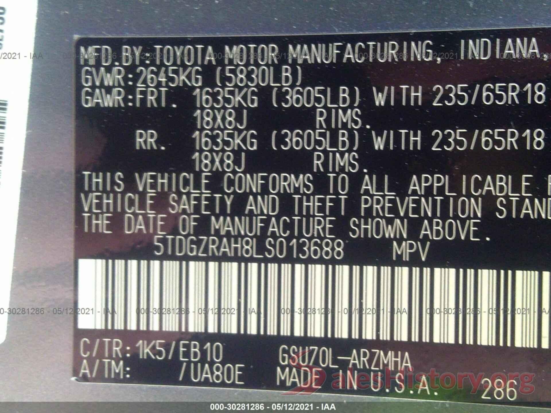 5TDGZRAH8LS013688 2020 TOYOTA HIGHLANDER