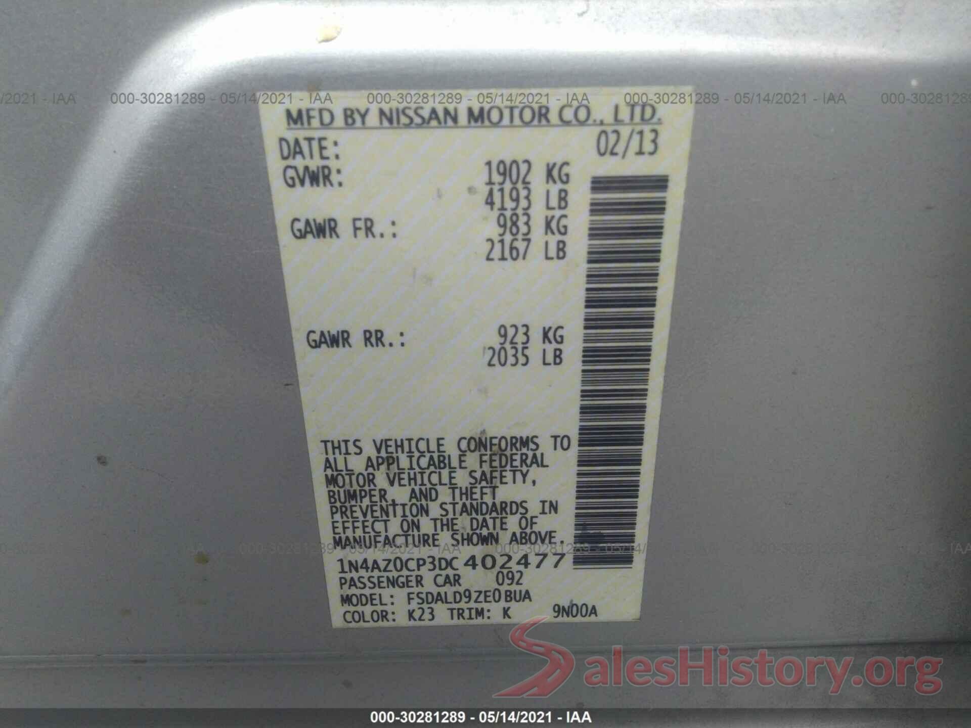 1N4AZ0CP3DC402477 2013 NISSAN LEAF