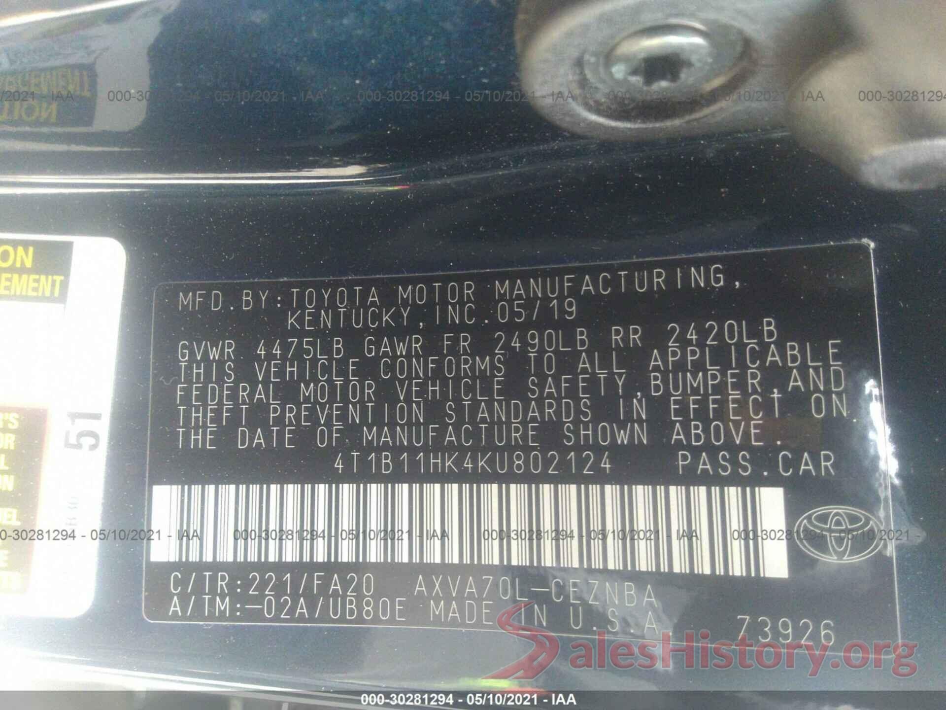 4T1B11HK4KU802124 2019 TOYOTA CAMRY