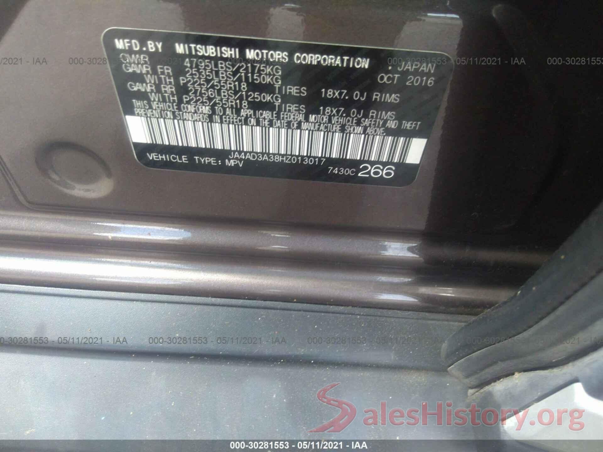 JA4AD3A38HZ013017 2017 MITSUBISHI OUTLANDER