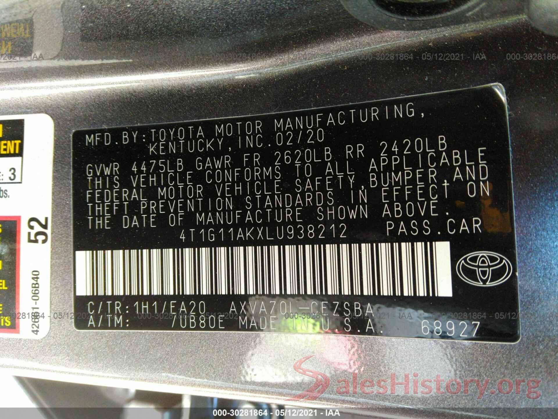 4T1G11AKXLU938212 2020 TOYOTA CAMRY