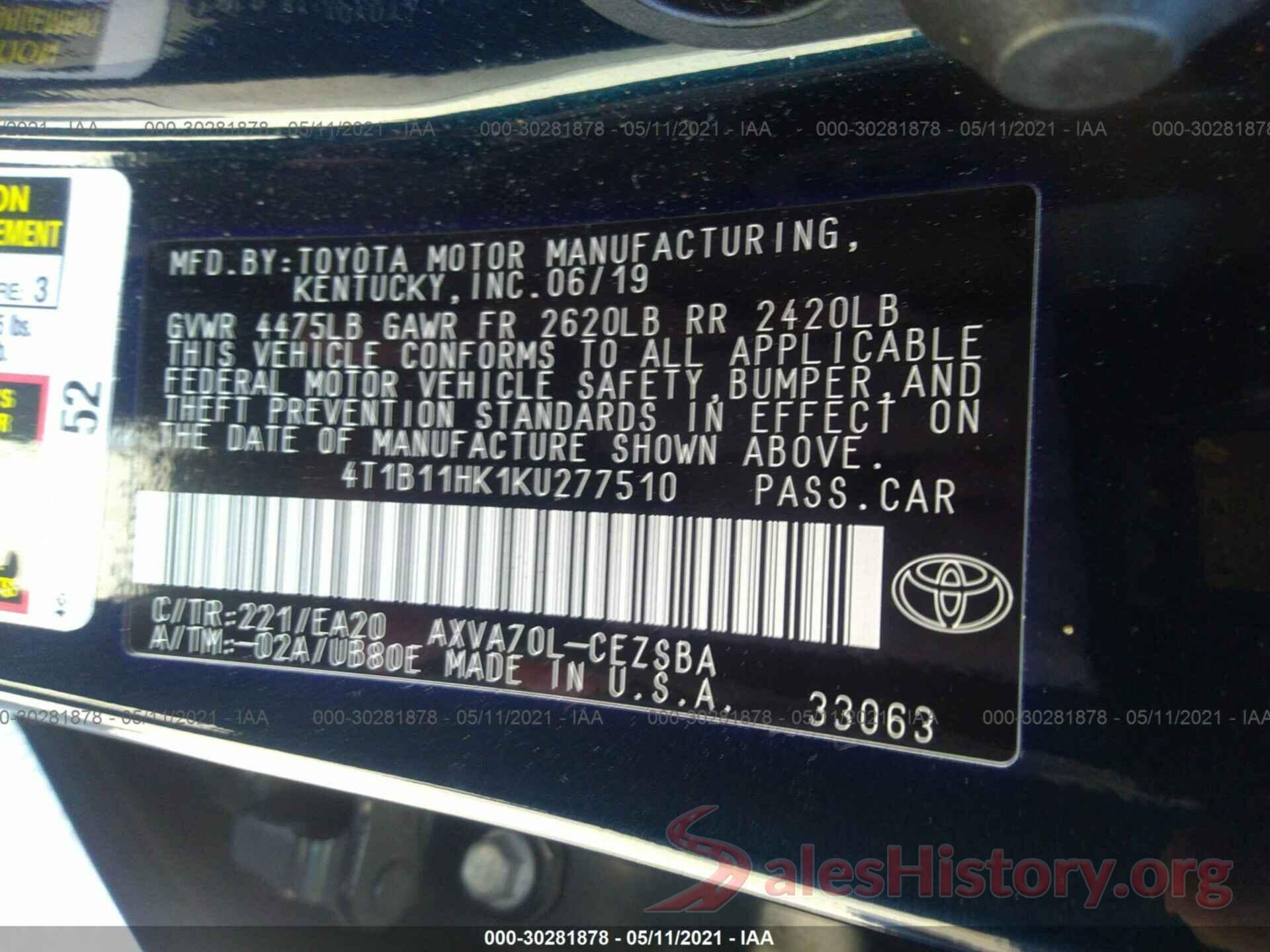 4T1B11HK1KU277510 2019 TOYOTA CAMRY