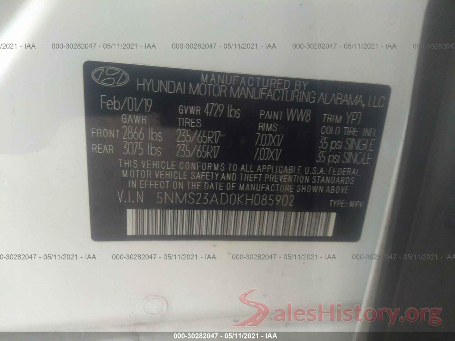 5NMS23AD0KH085902 2019 HYUNDAI SANTA FE