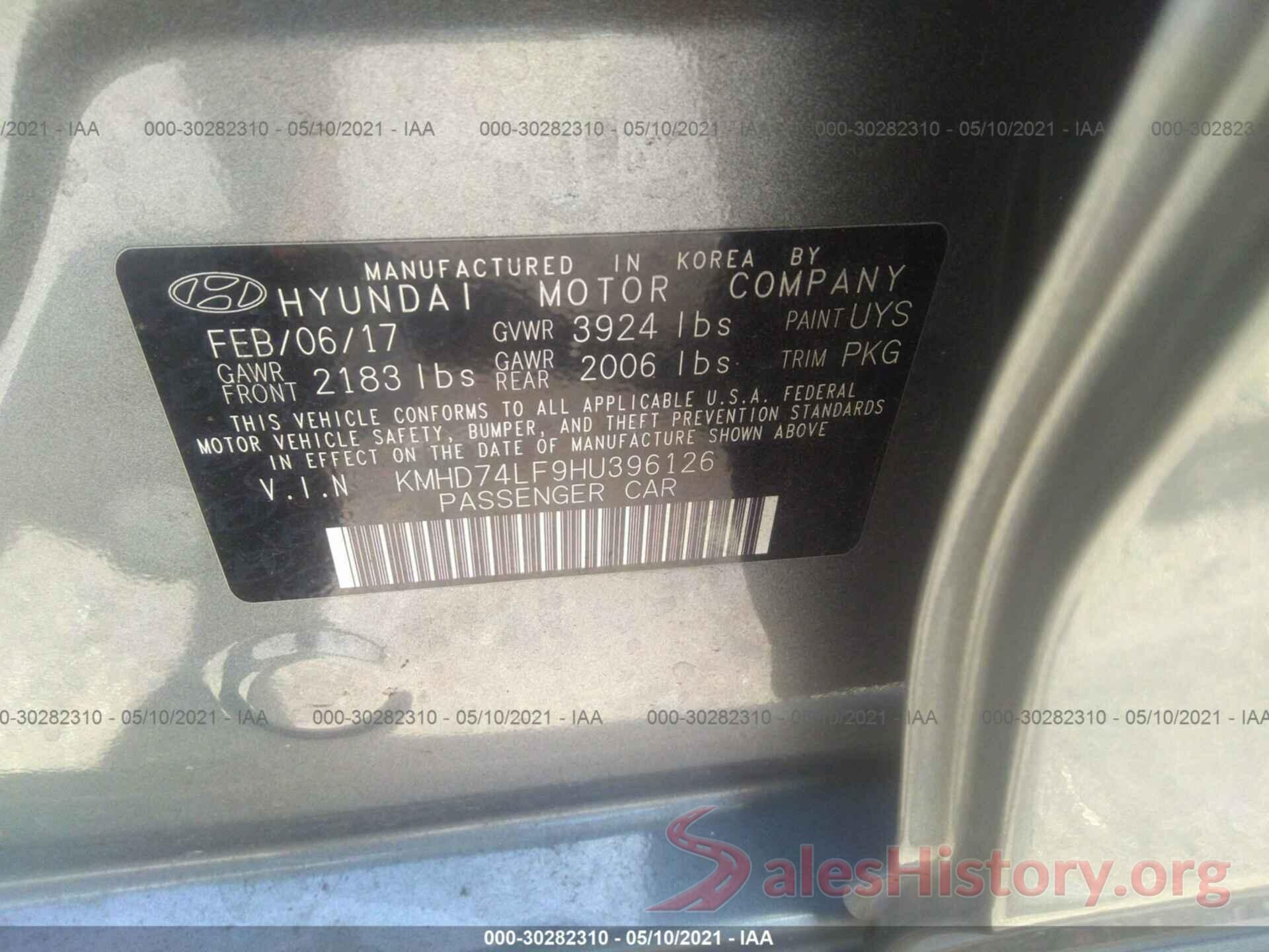 KMHD74LF9HU396126 2017 HYUNDAI ELANTRA