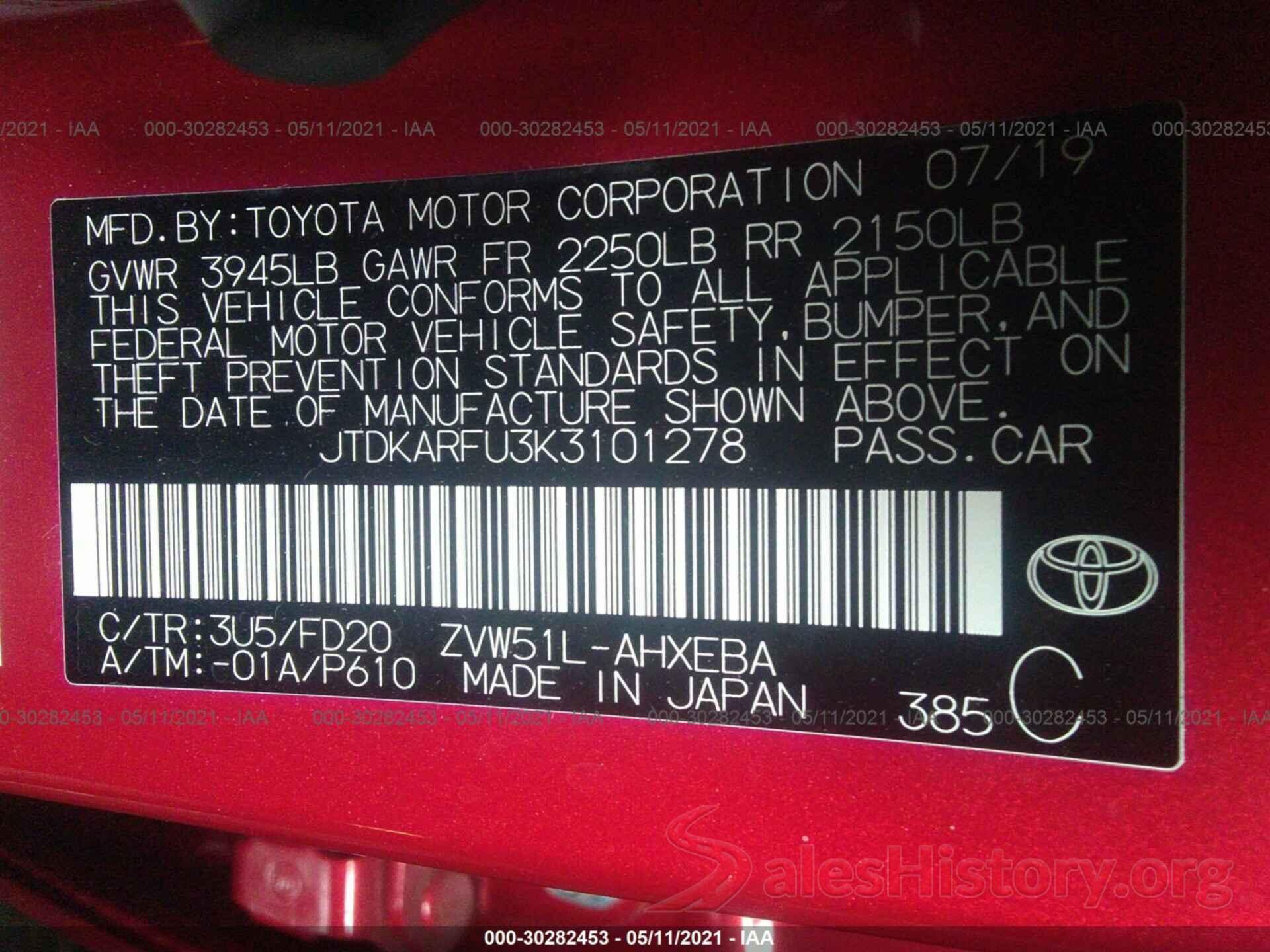 JTDKARFU3K3101278 2019 TOYOTA PRIUS