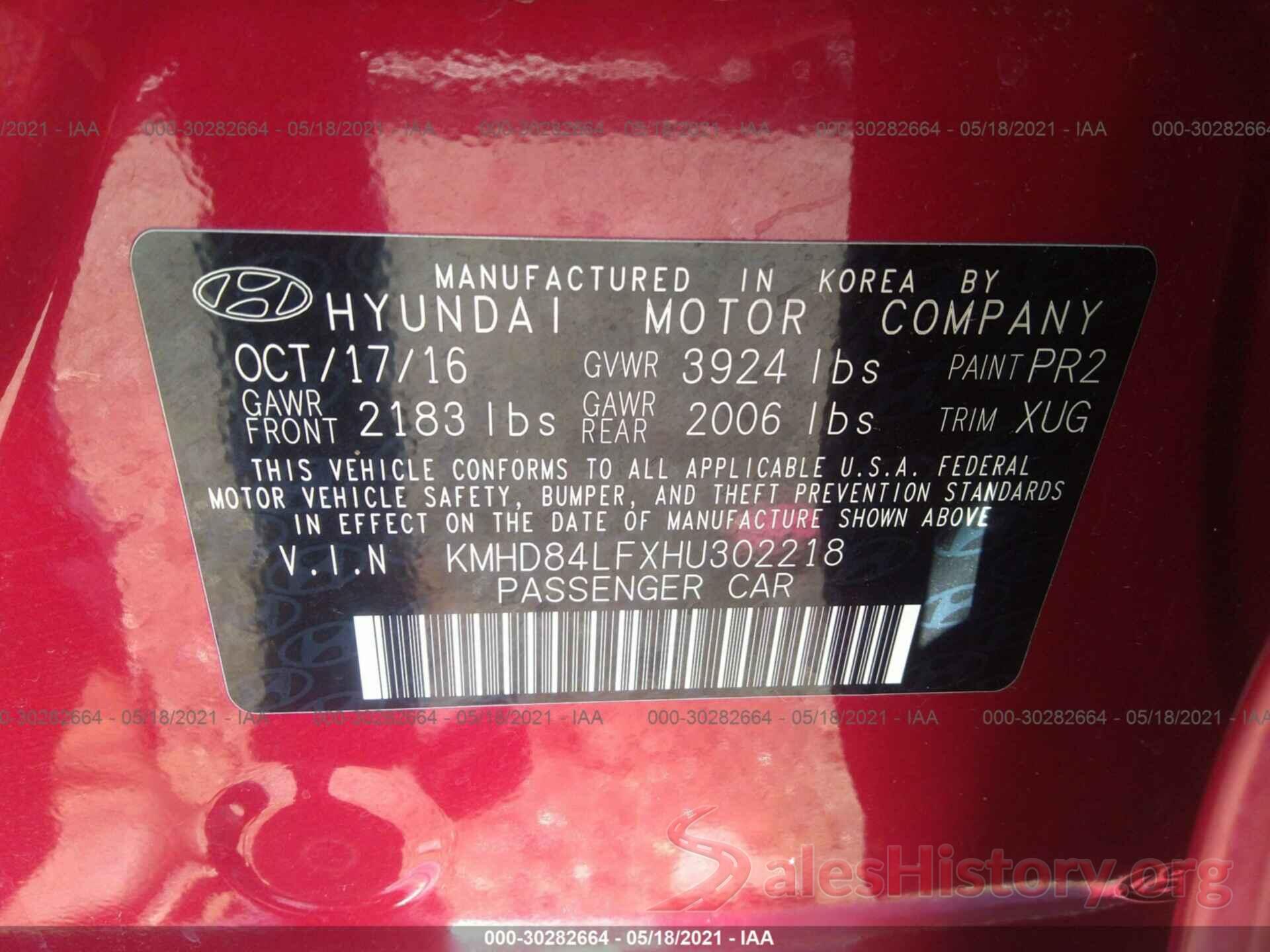 KMHD84LFXHU302218 2017 HYUNDAI ELANTRA