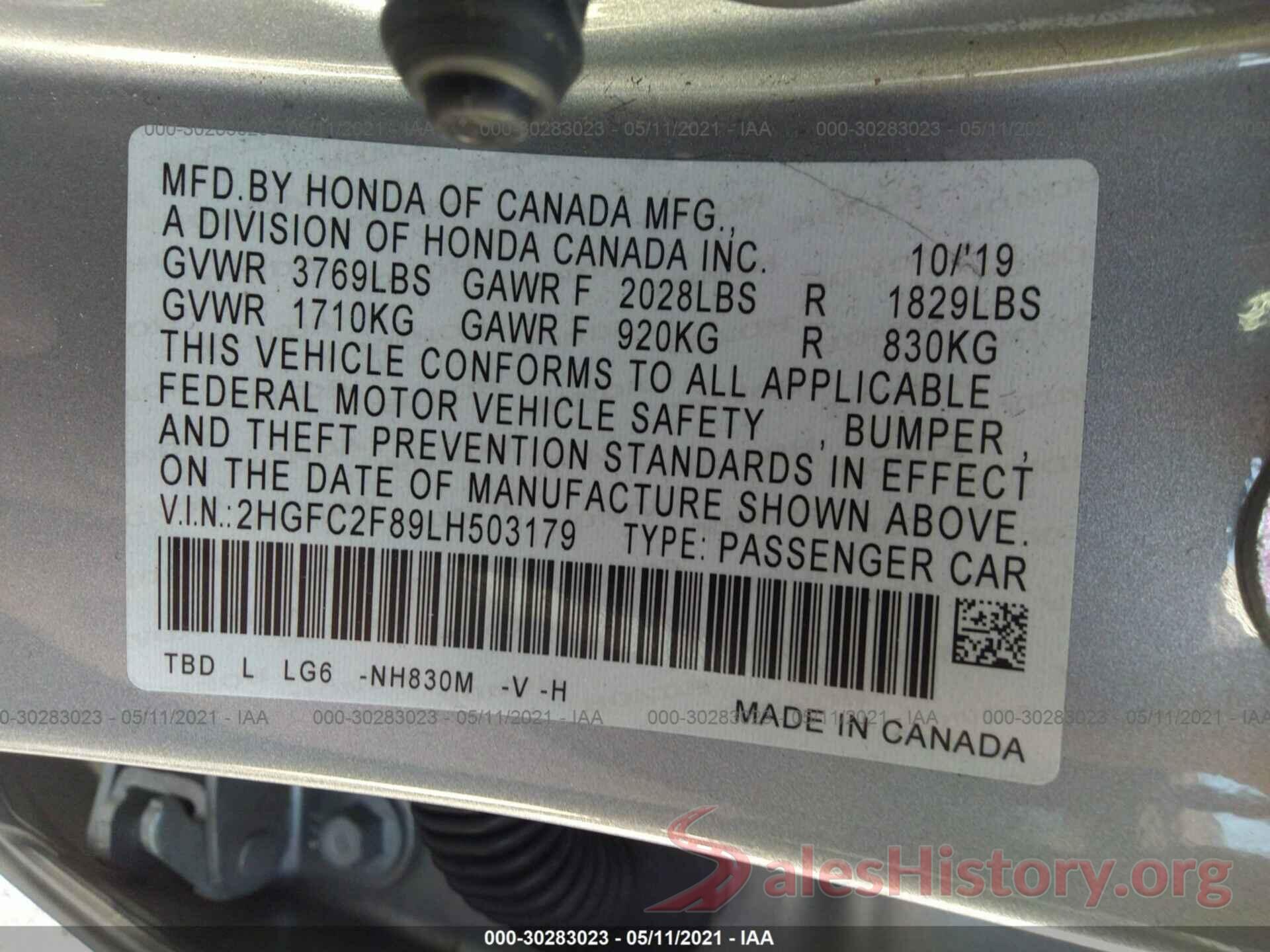 2HGFC2F89LH503179 2020 HONDA CIVIC SEDAN