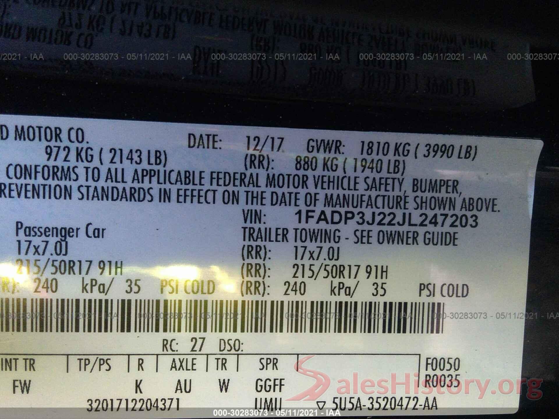 1FADP3J22JL247203 2018 FORD FOCUS