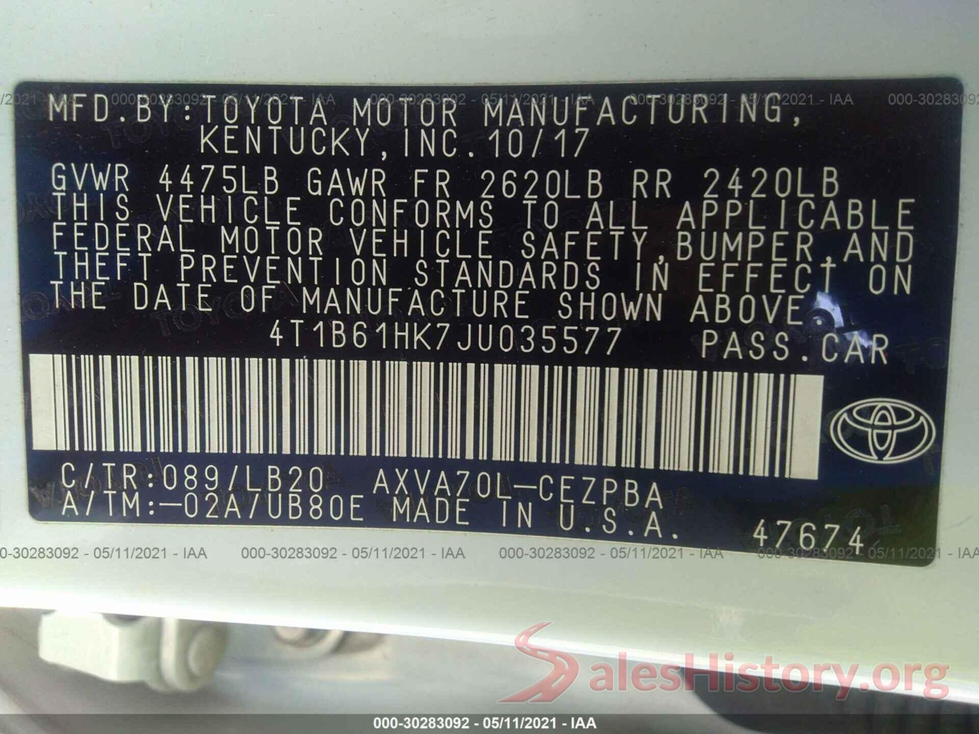 4T1B61HK7JU035577 2018 TOYOTA CAMRY