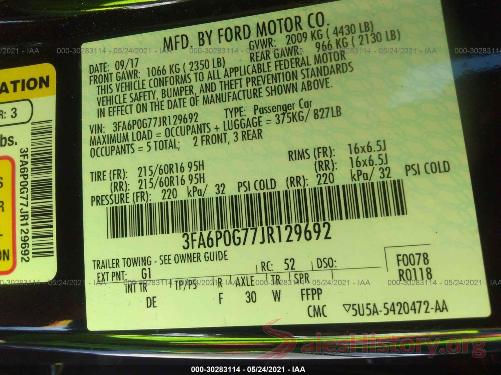 3FA6P0G77JR129692 2018 FORD FUSION