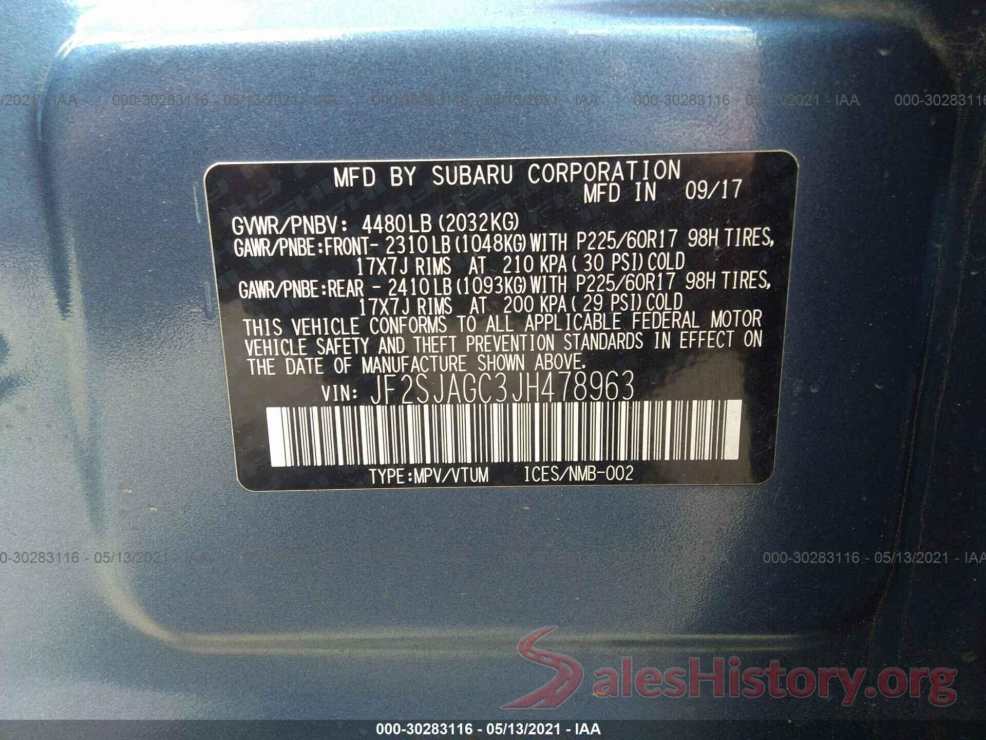 JF2SJAGC3JH478963 2018 SUBARU FORESTER