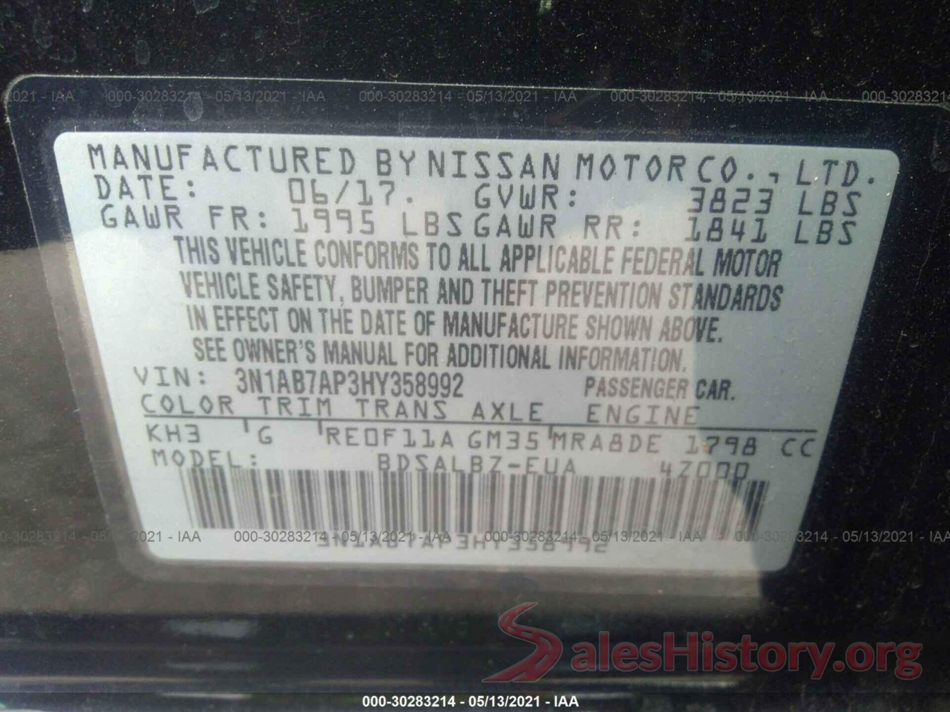 3N1AB7AP3HY358992 2017 NISSAN SENTRA