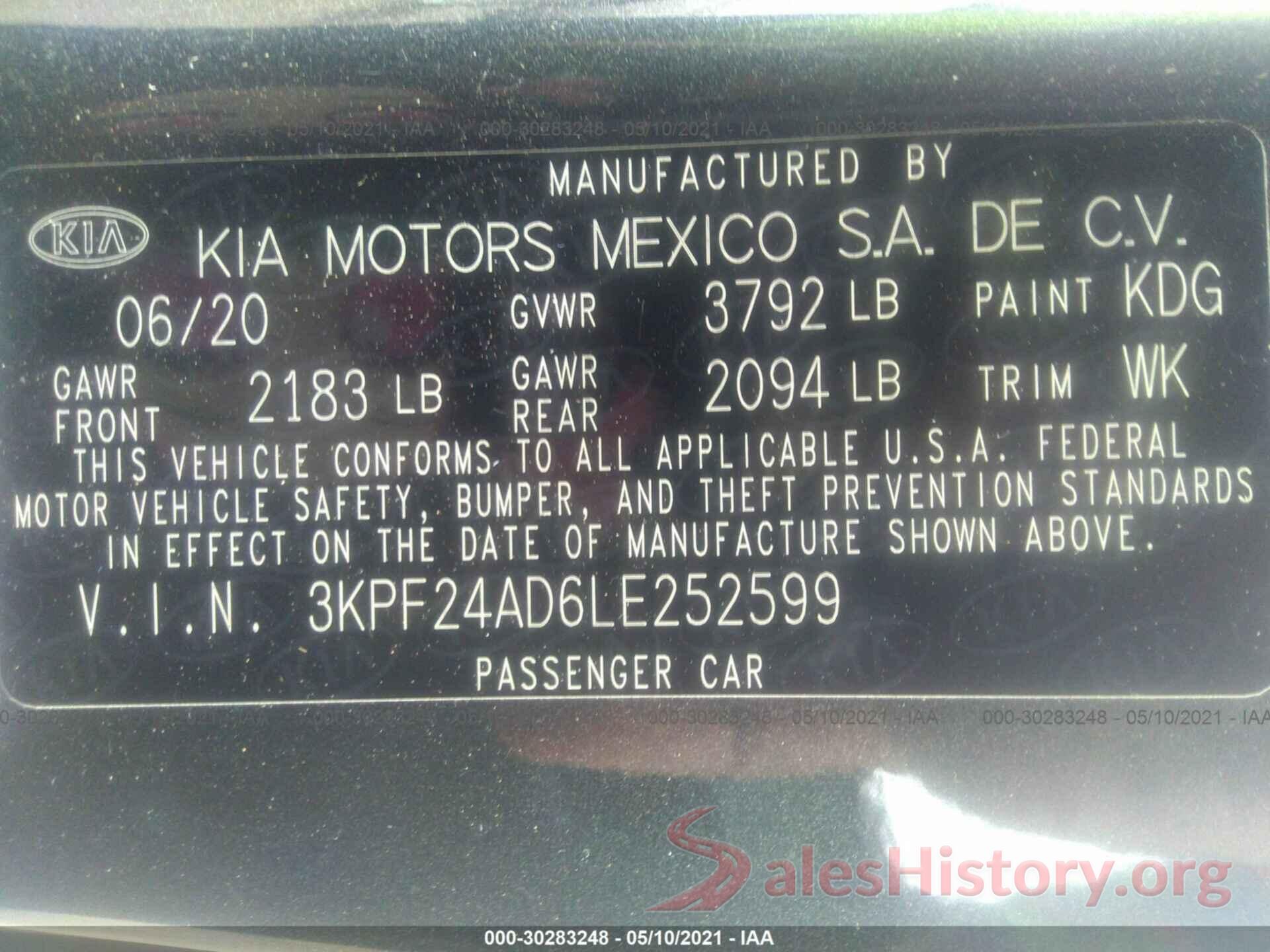 3KPF24AD6LE252599 2020 KIA FORTE