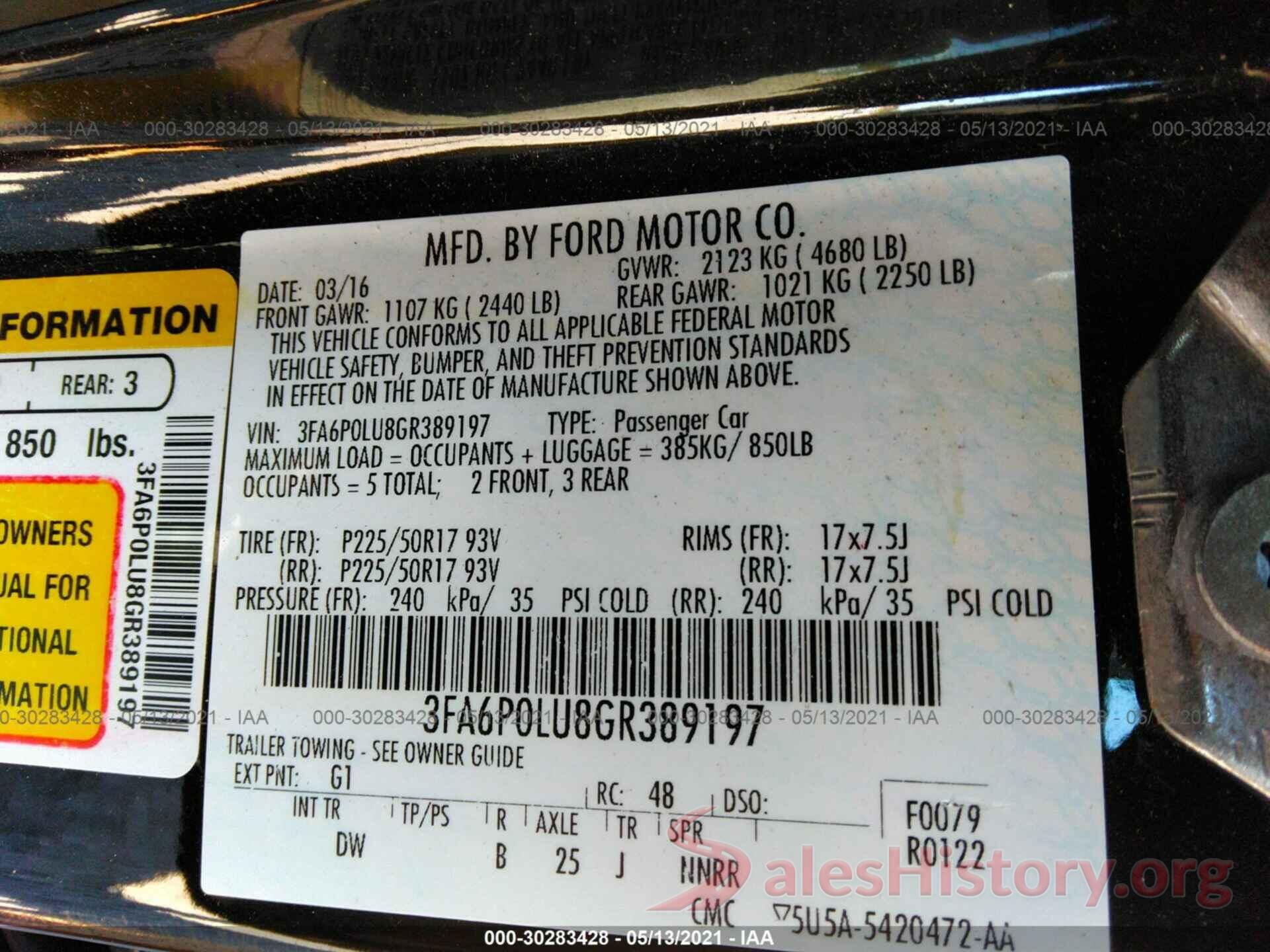 3FA6P0LU8GR389197 2016 FORD FUSION