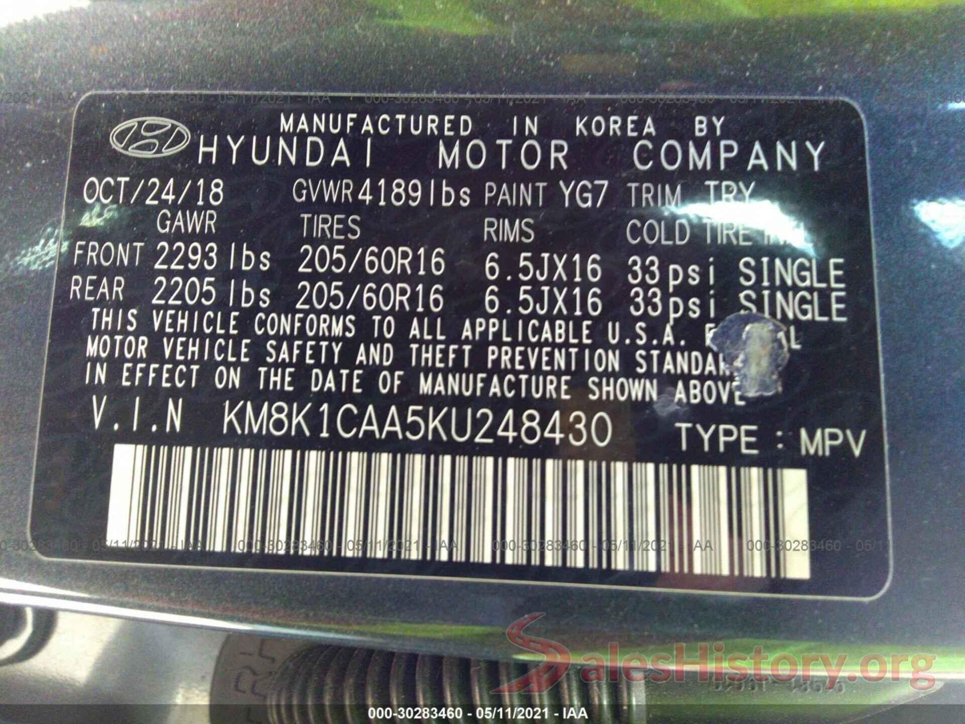 KM8K1CAA5KU248430 2019 HYUNDAI KONA