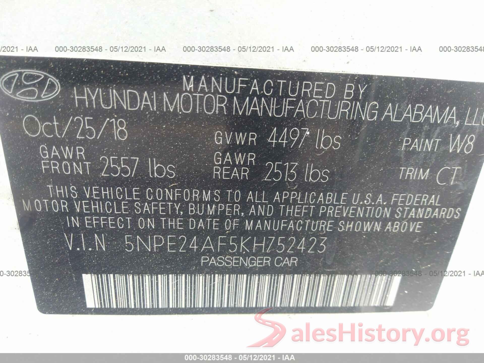 5NPE24AF5KH752423 2019 HYUNDAI SONATA