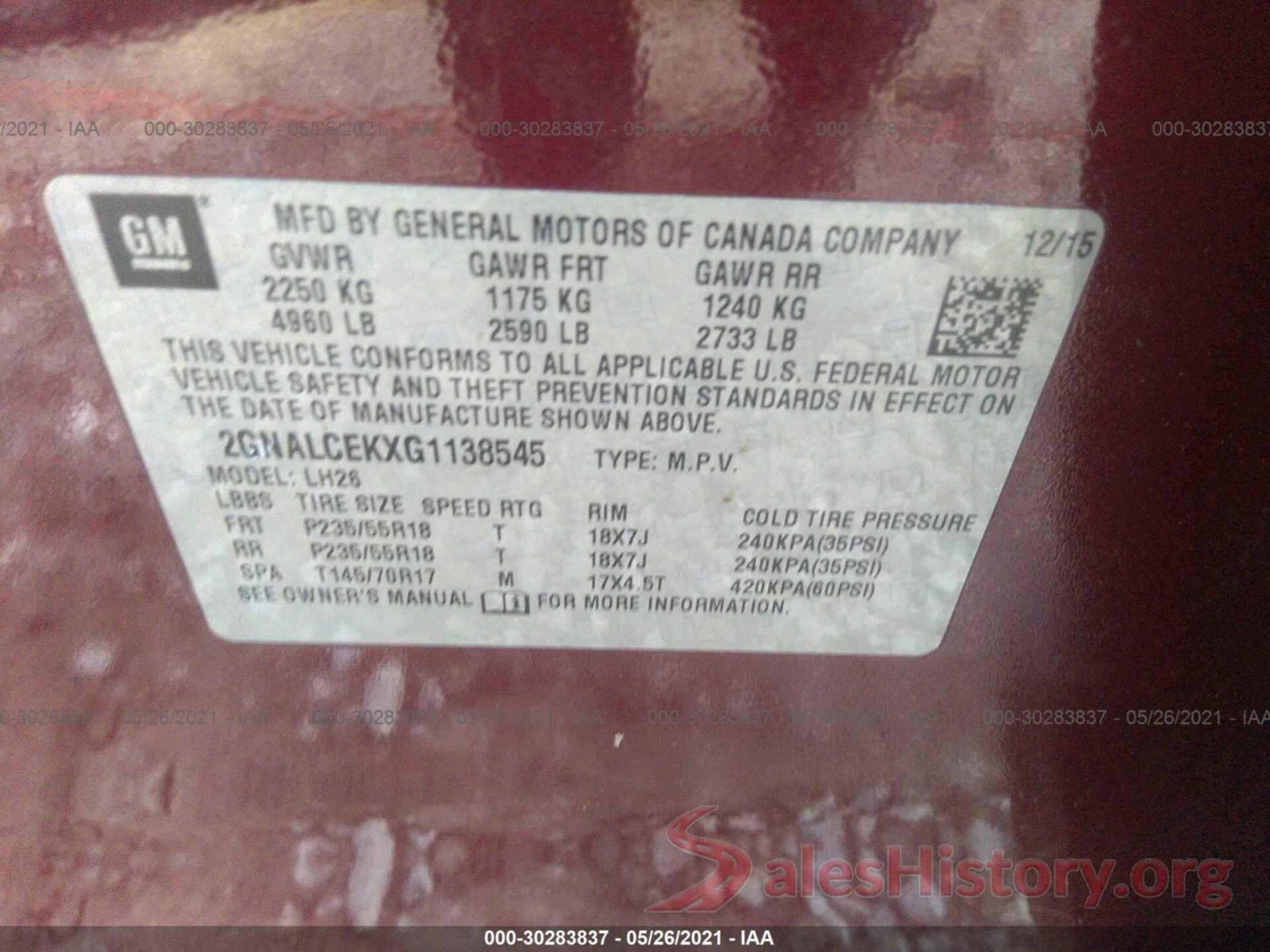 2GNALCEKXG1138545 2016 CHEVROLET EQUINOX