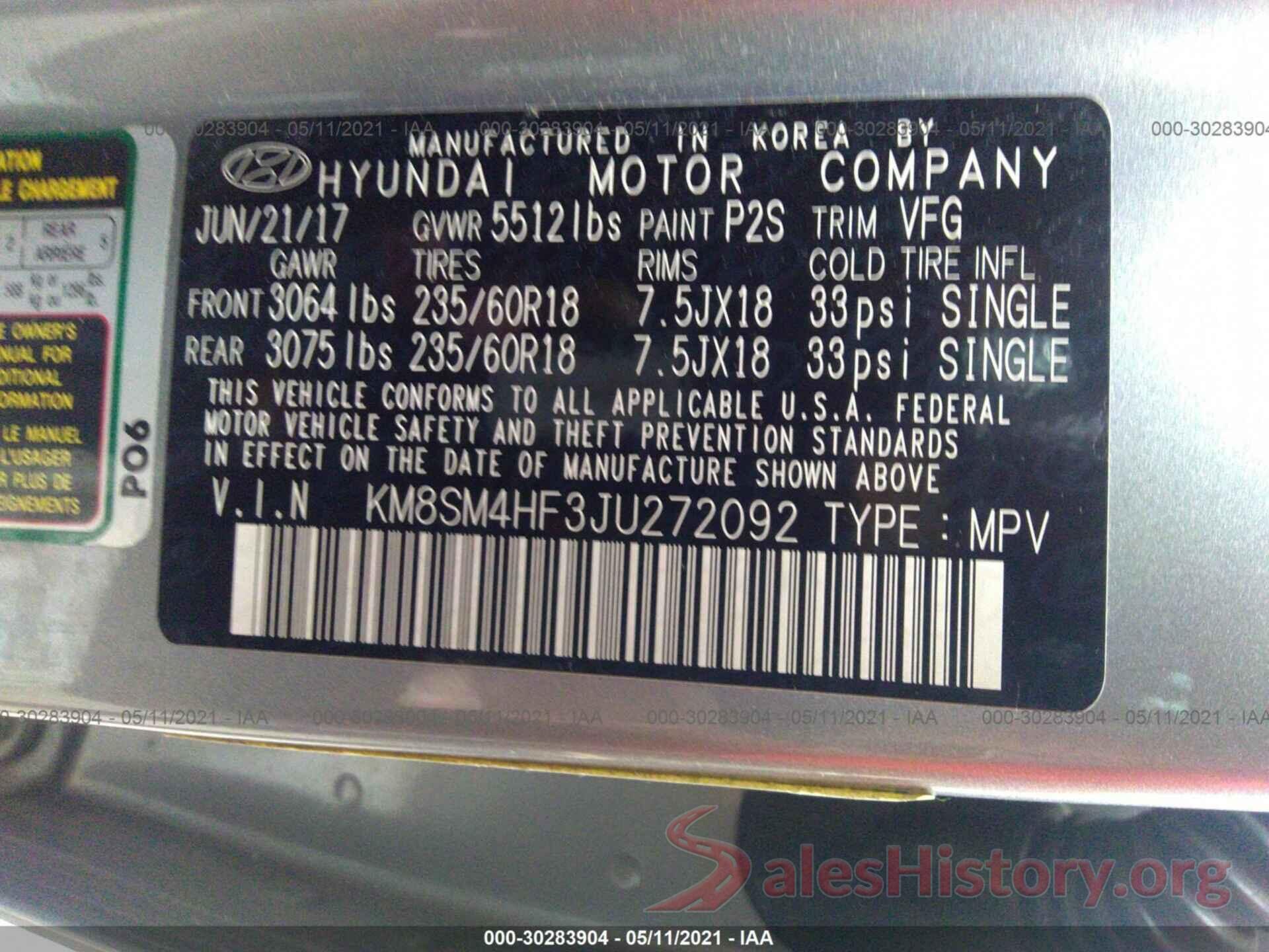 KM8SM4HF3JU272092 2018 HYUNDAI SANTA FE