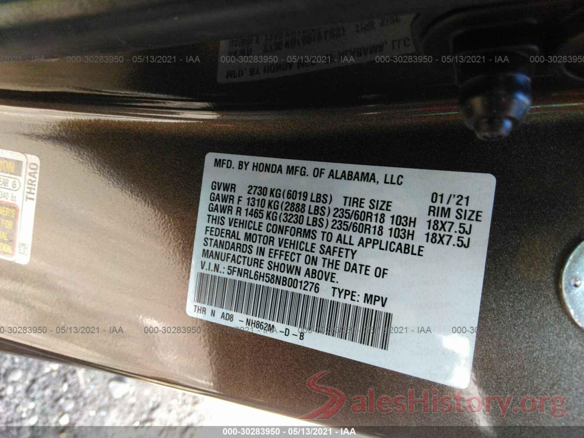 5FNRL6H58NB001276 2022 HONDA ODYSSEY