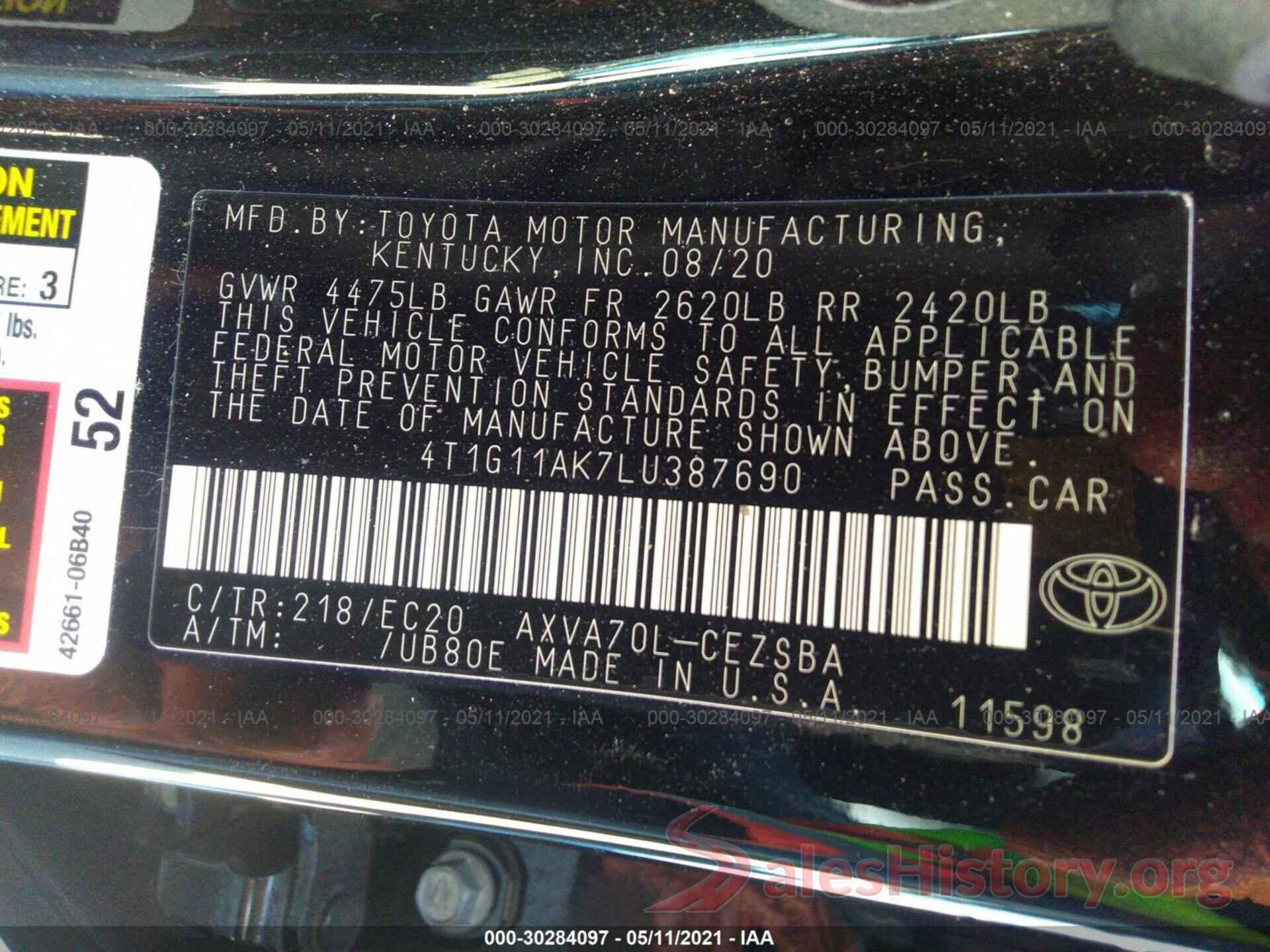 4T1G11AK7LU387690 2020 TOYOTA CAMRY