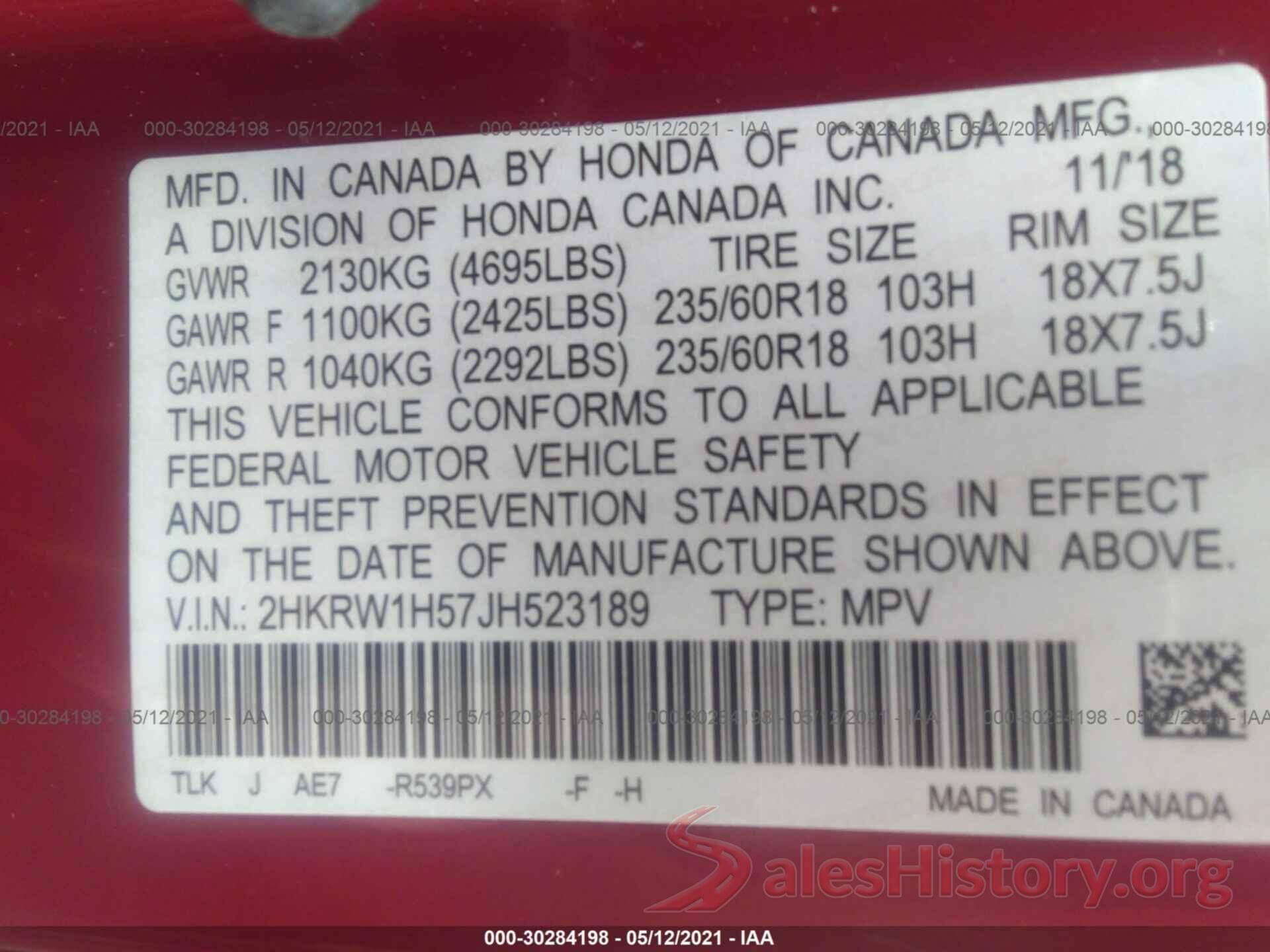 2HKRW1H57JH523189 2018 HONDA CR-V