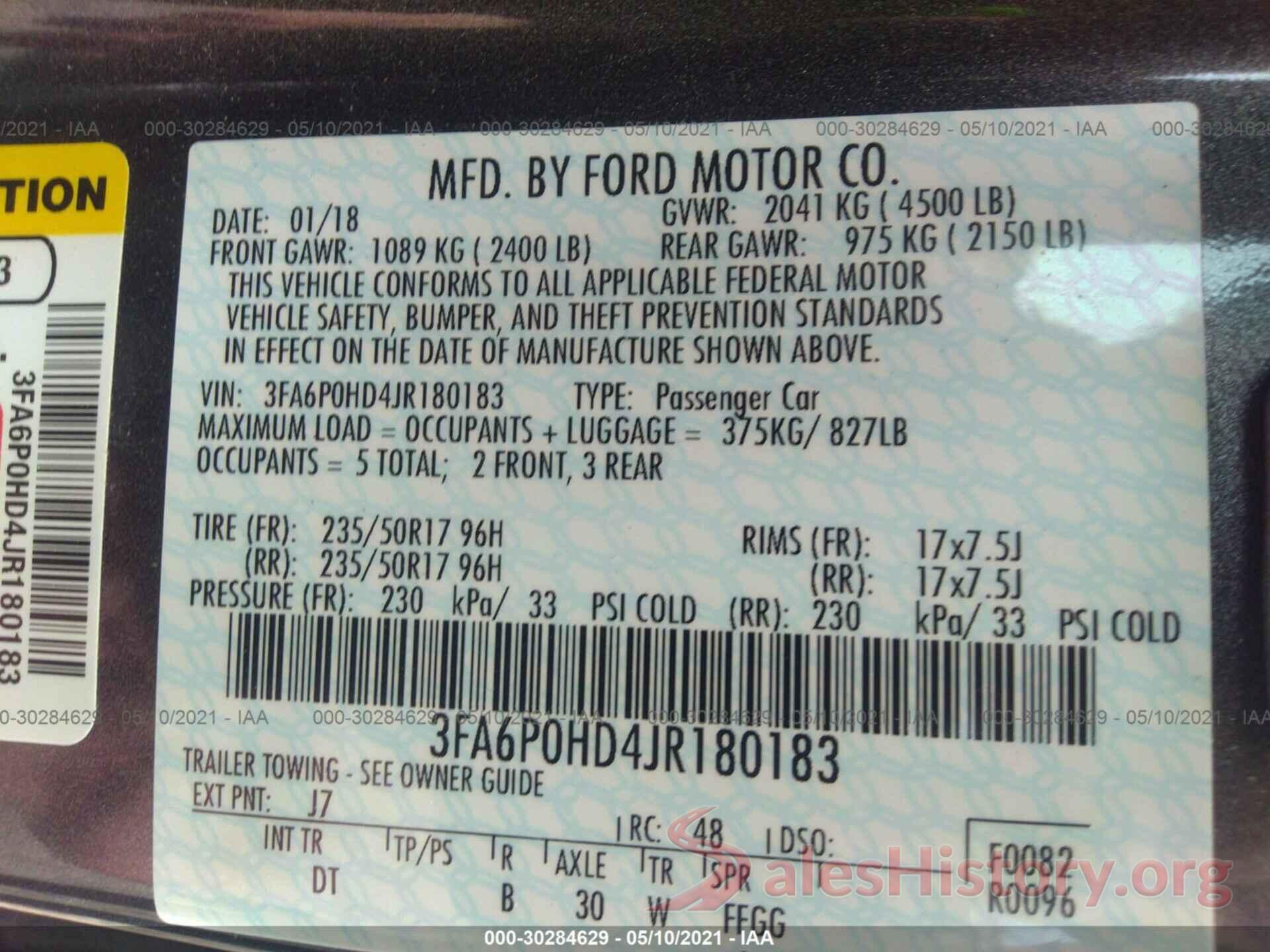 3FA6P0HD4JR180183 2018 FORD FUSION