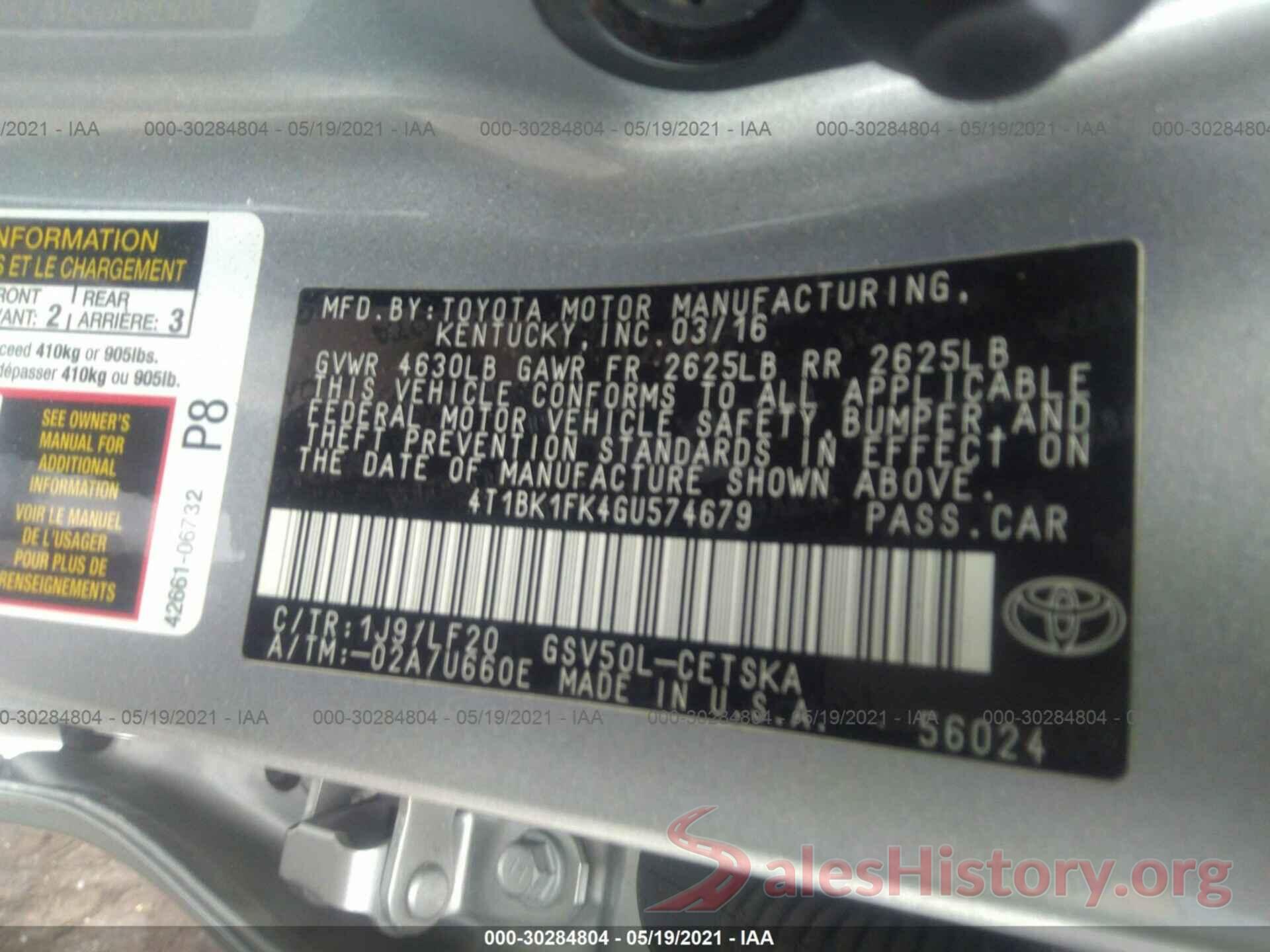 4T1BK1FK4GU574679 2016 TOYOTA CAMRY