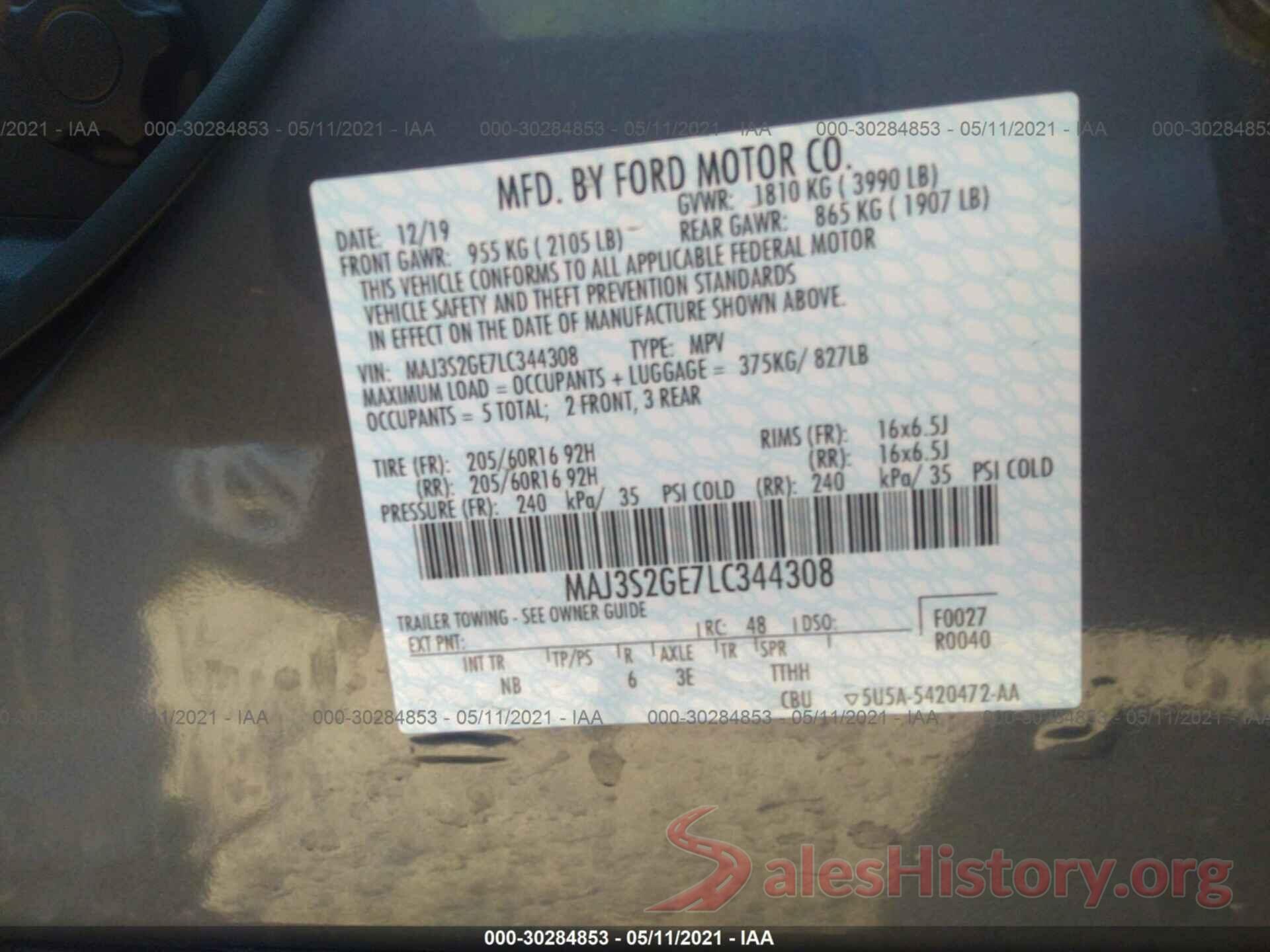 MAJ3S2GE7LC344308 2020 FORD ECOSPORT