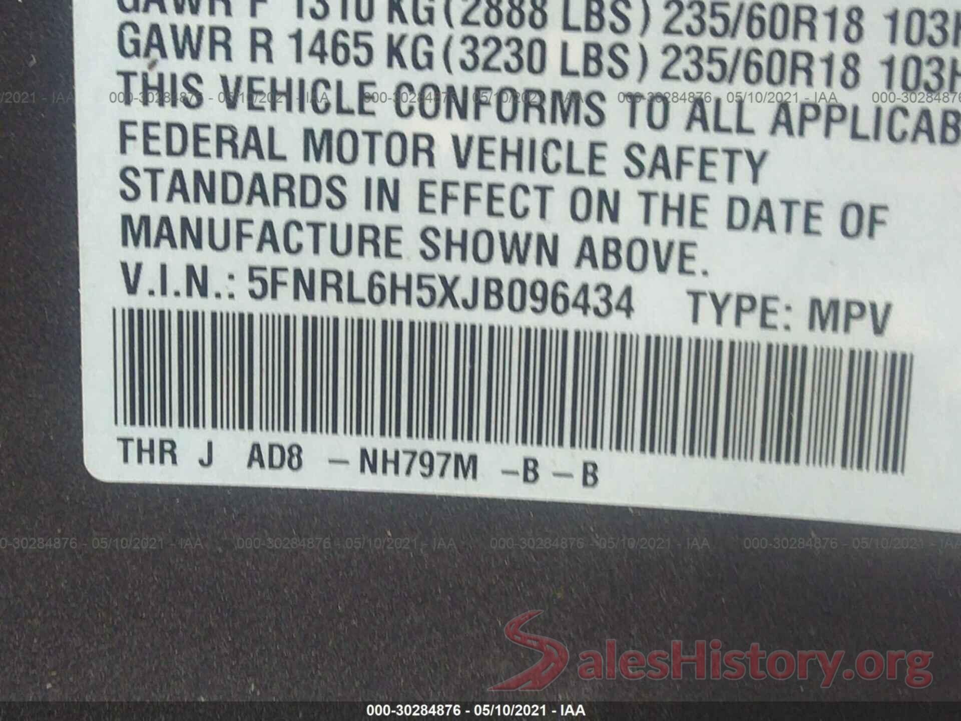 5FNRL6H5XJB096434 2018 HONDA ODYSSEY