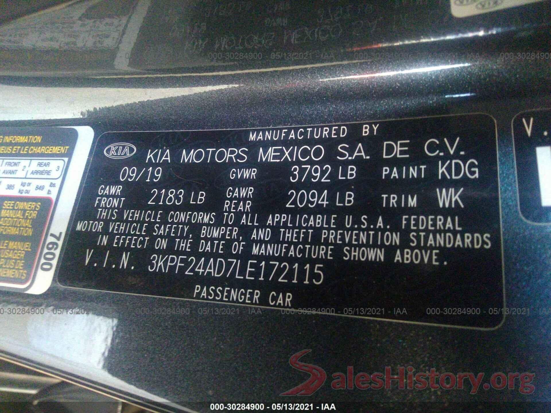 3KPF24AD7LE172115 2020 KIA FORTE