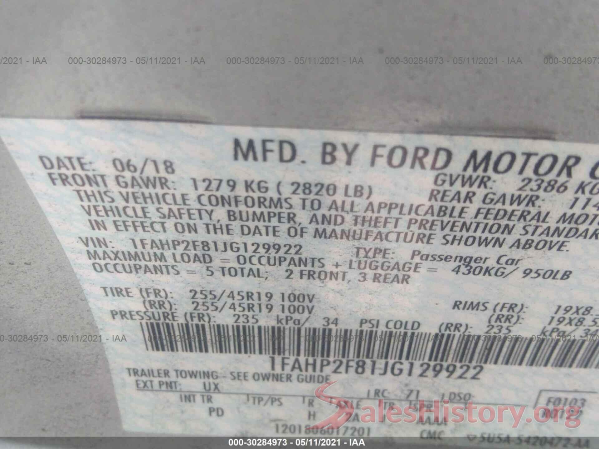 1FAHP2F81JG129922 2018 FORD TAURUS