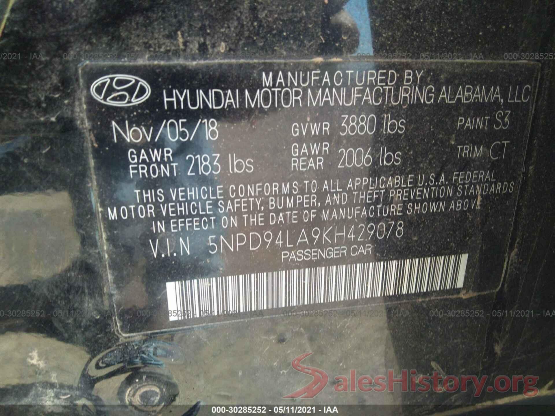 5NPD94LA9KH429078 2019 HYUNDAI ELANTRA