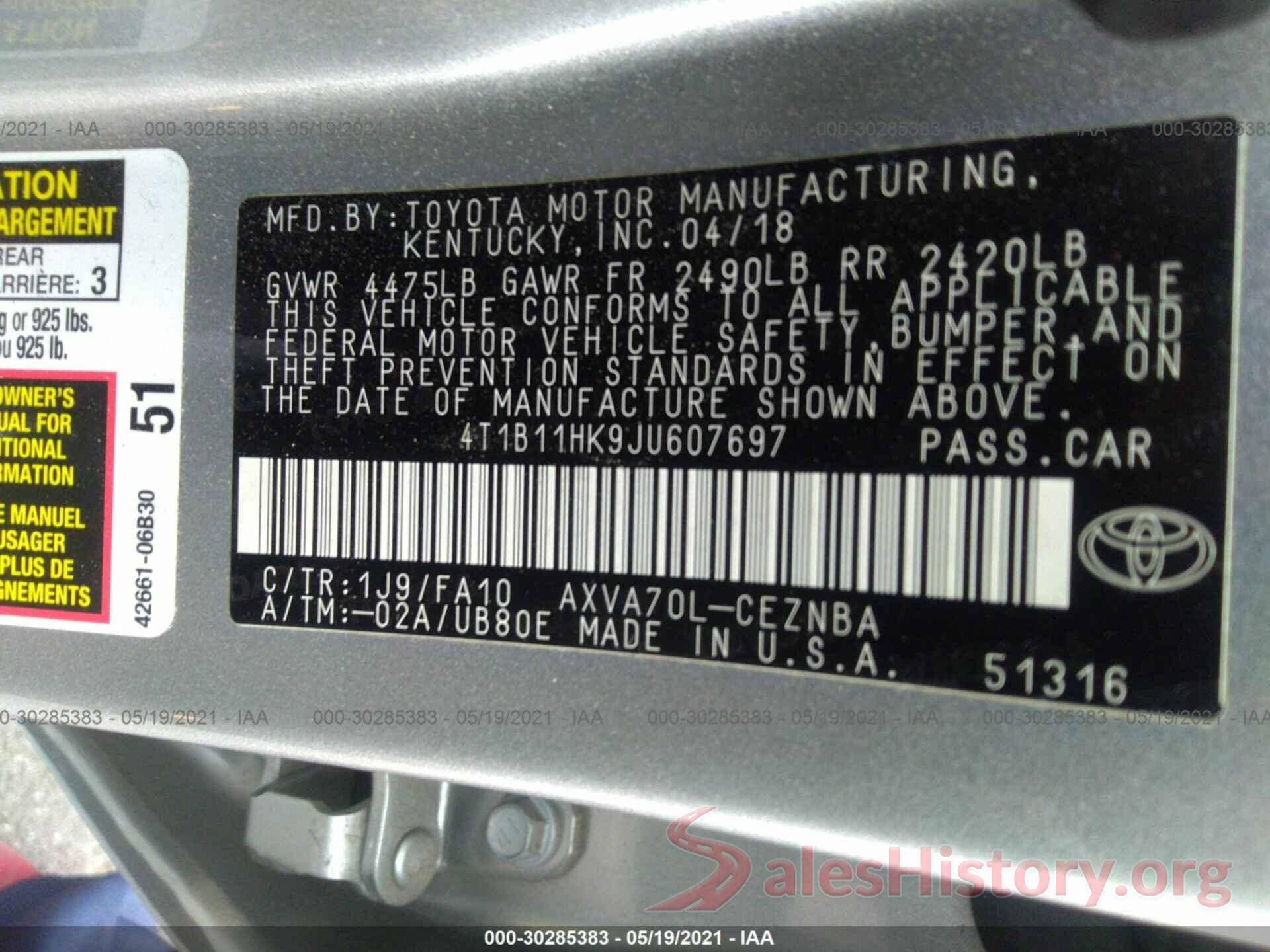 4T1B11HK9JU607697 2018 TOYOTA CAMRY