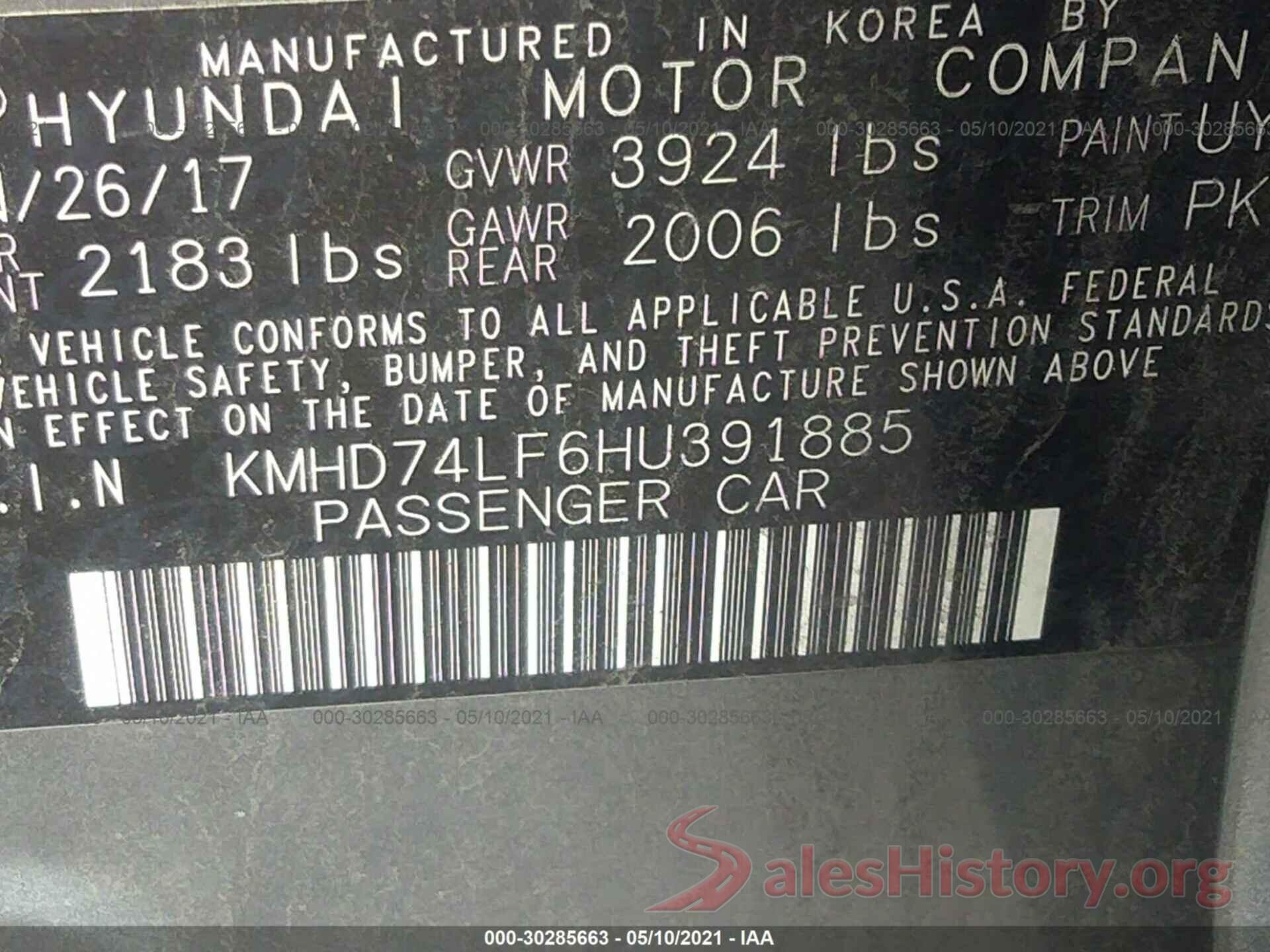 KMHD74LF6HU391885 2017 HYUNDAI ELANTRA