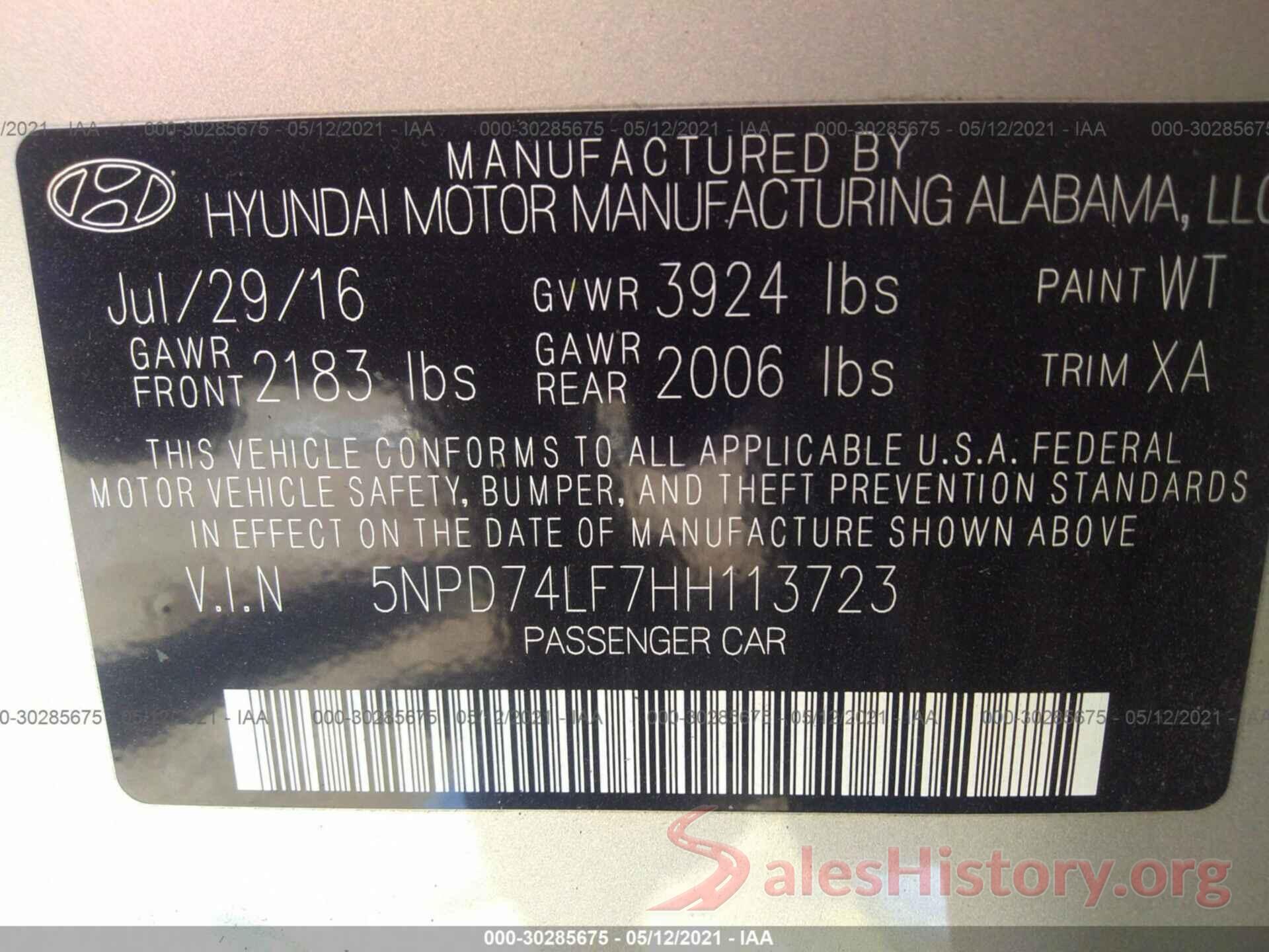 5NPD74LF7HH113723 2017 HYUNDAI ELANTRA