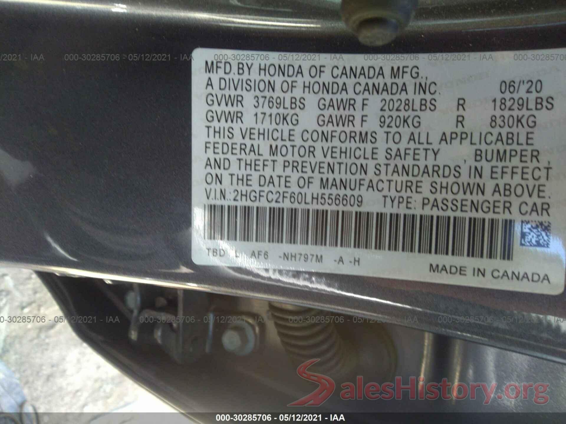 2HGFC2F60LH556609 2020 HONDA CIVIC SEDAN