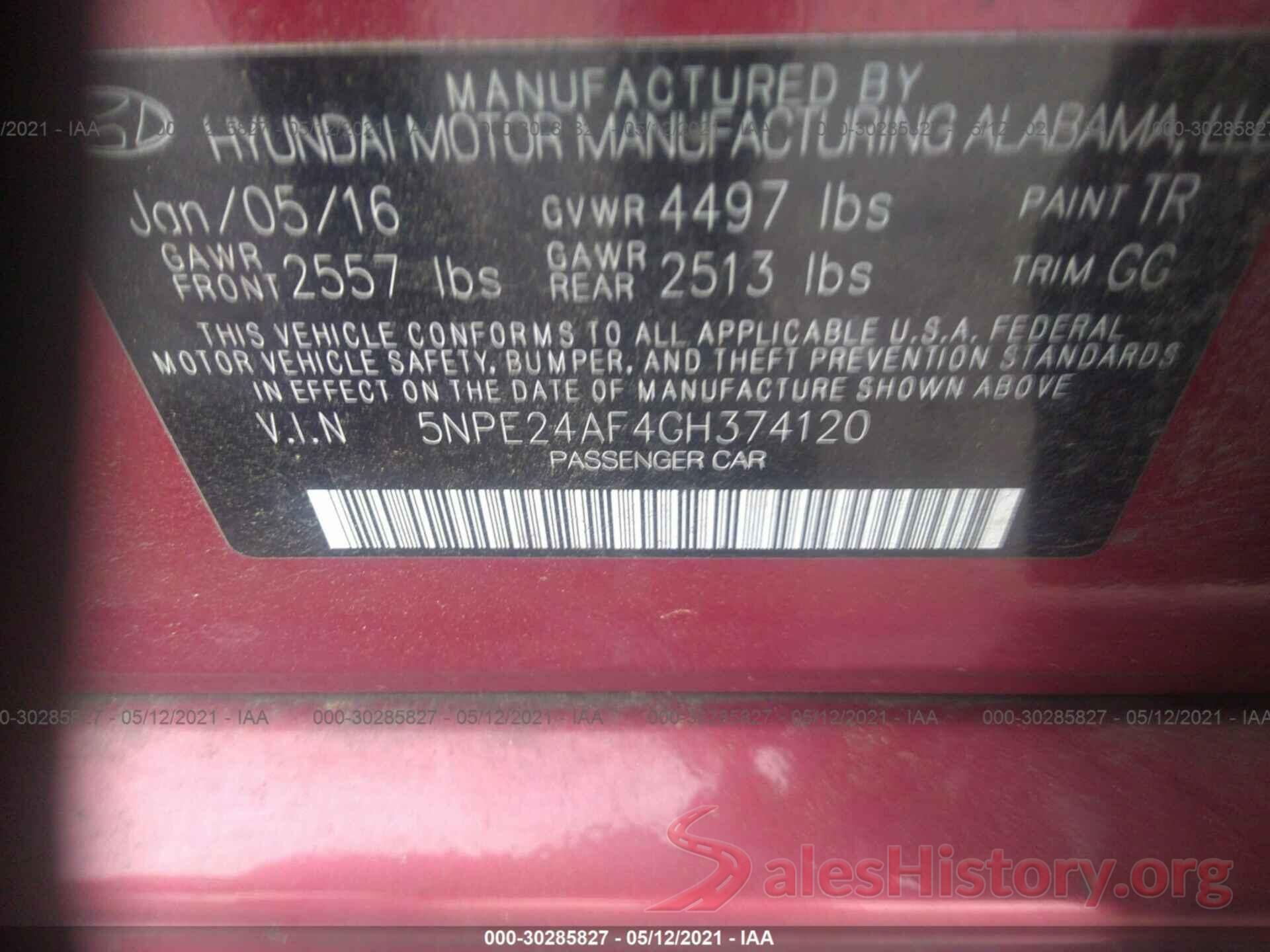 5NPE24AF4GH374120 2016 HYUNDAI SONATA