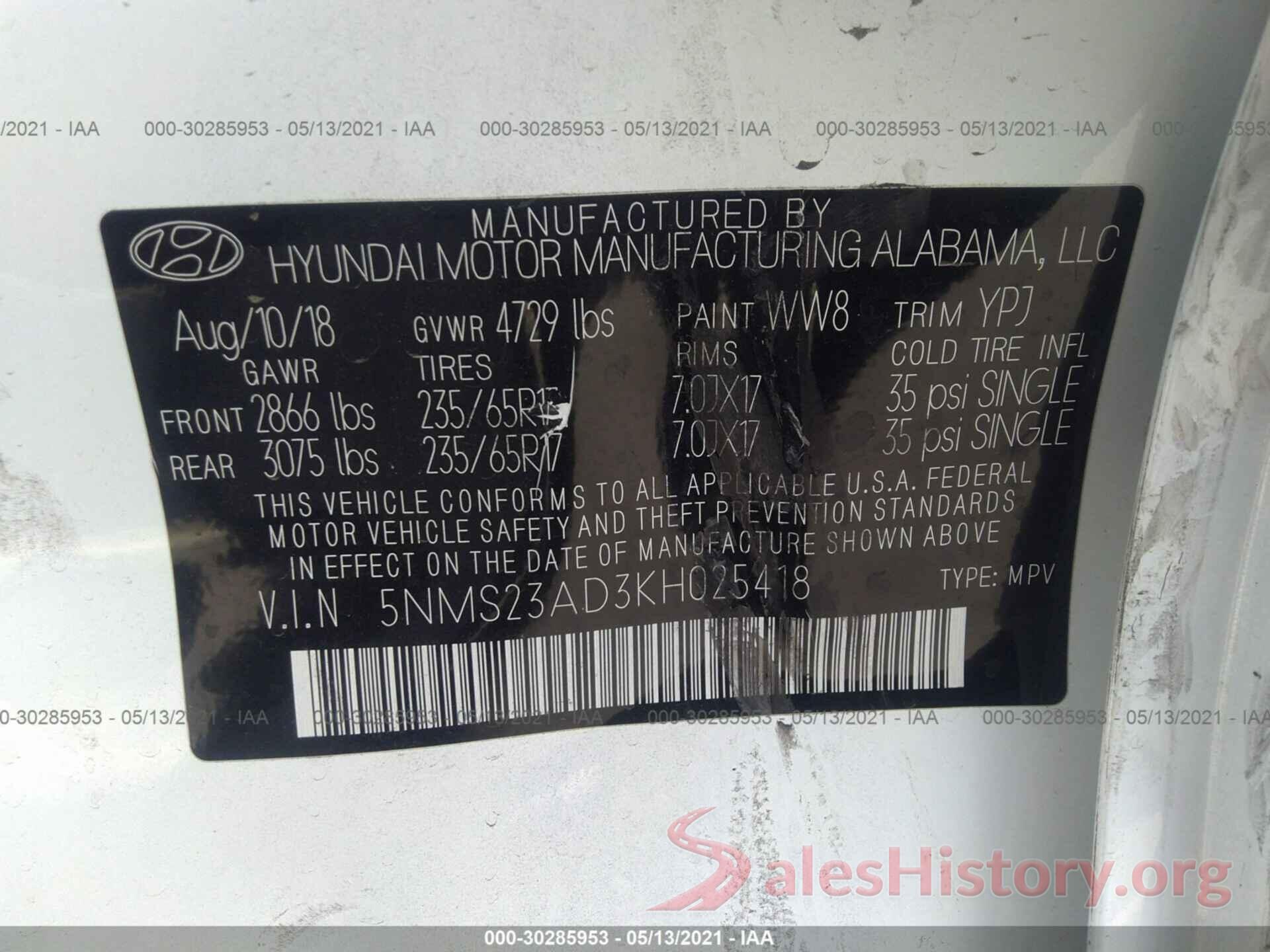 5NMS23AD3KH025418 2019 HYUNDAI SANTA FE