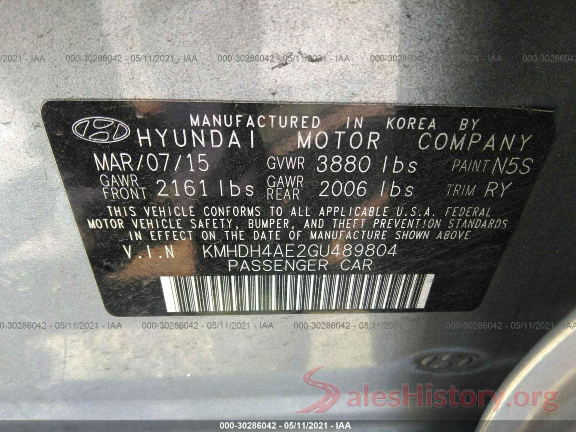 KMHDH4AE2GU489804 2016 HYUNDAI ELANTRA