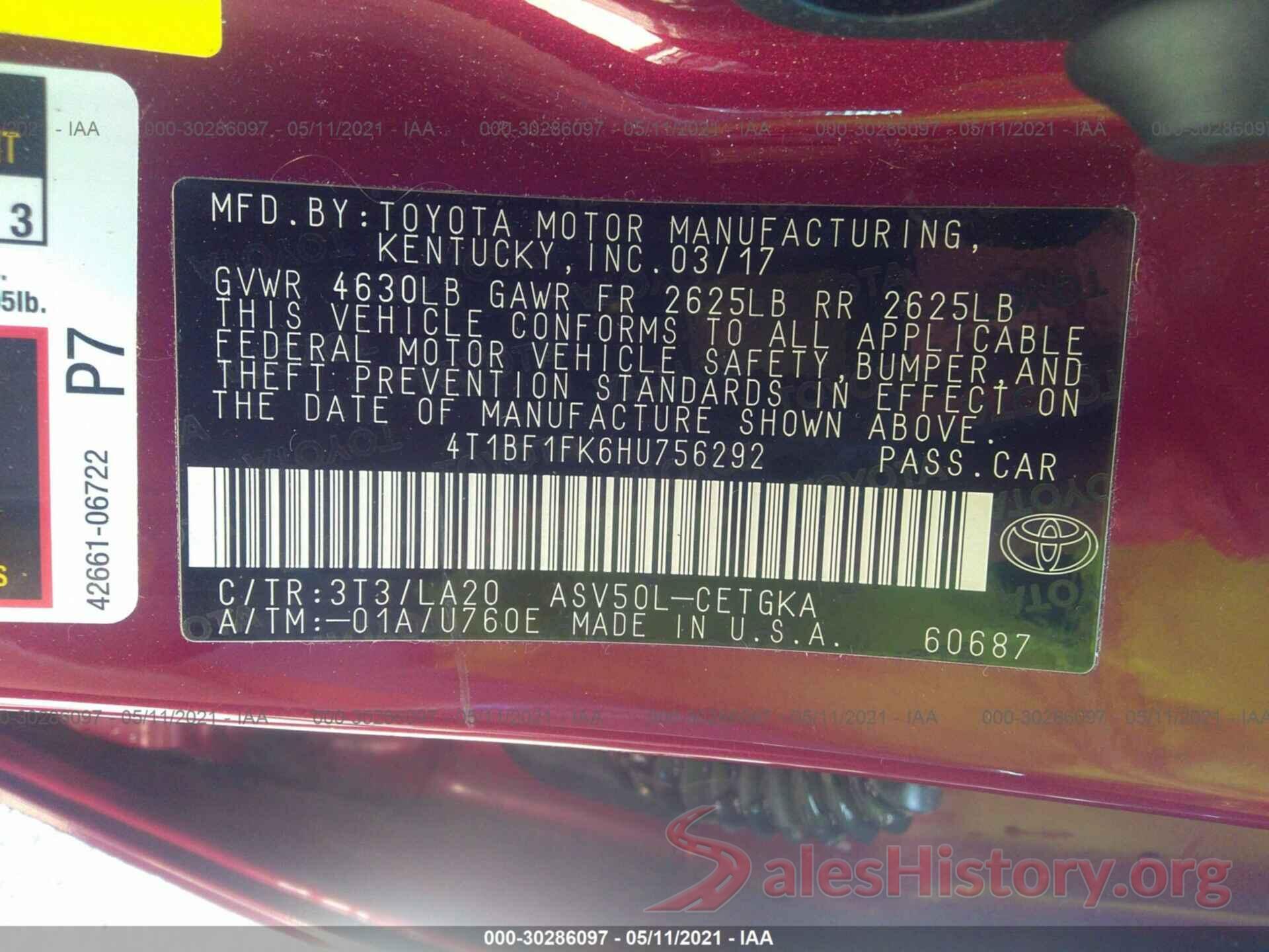 4T1BF1FK6HU756292 2017 TOYOTA CAMRY