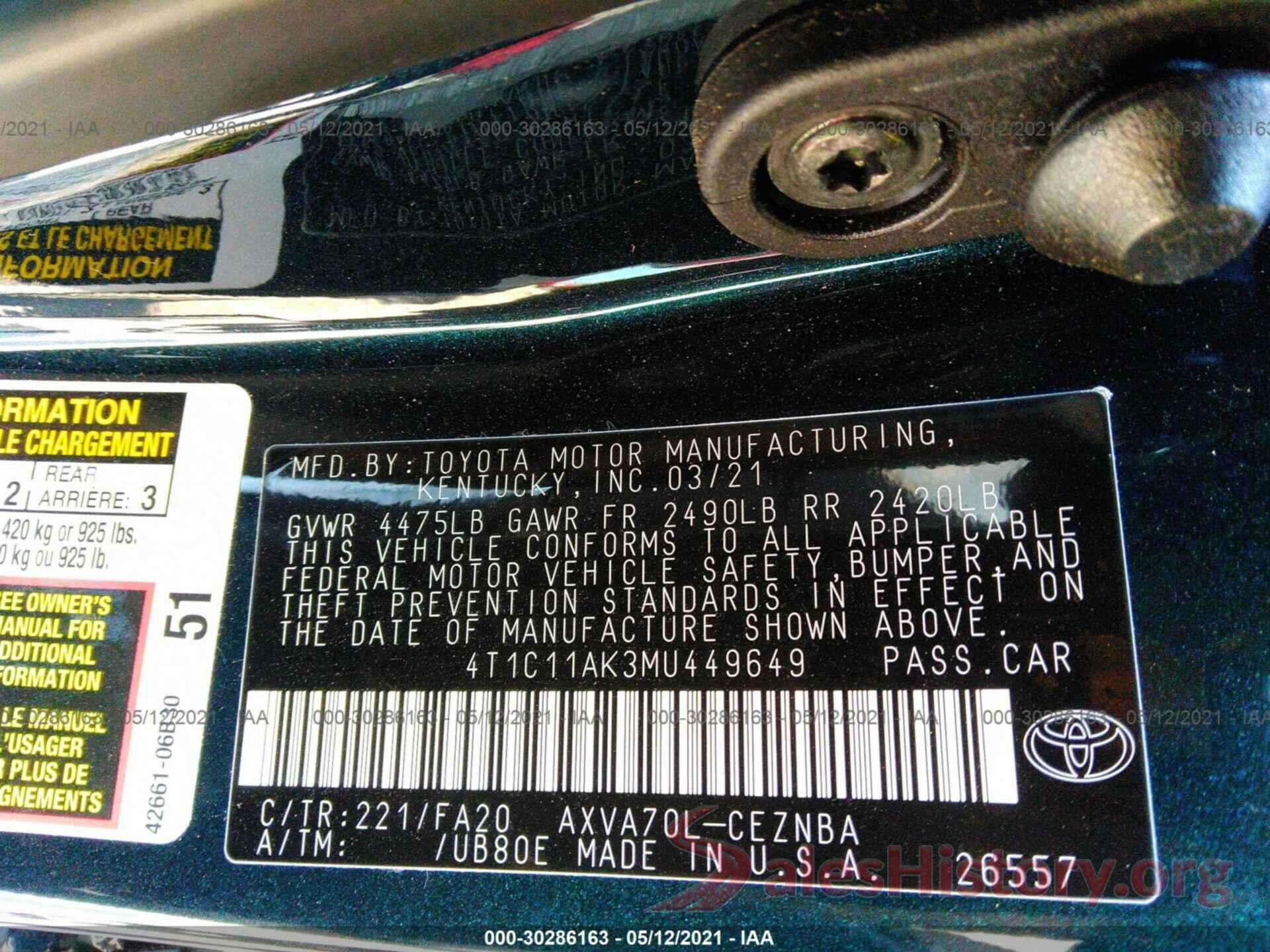 4T1C11AK3MU449649 2021 TOYOTA CAMRY