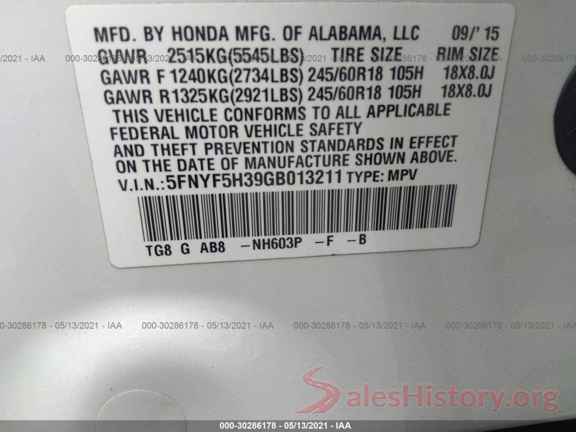 5FNYF5H39GB013211 2016 HONDA PILOT