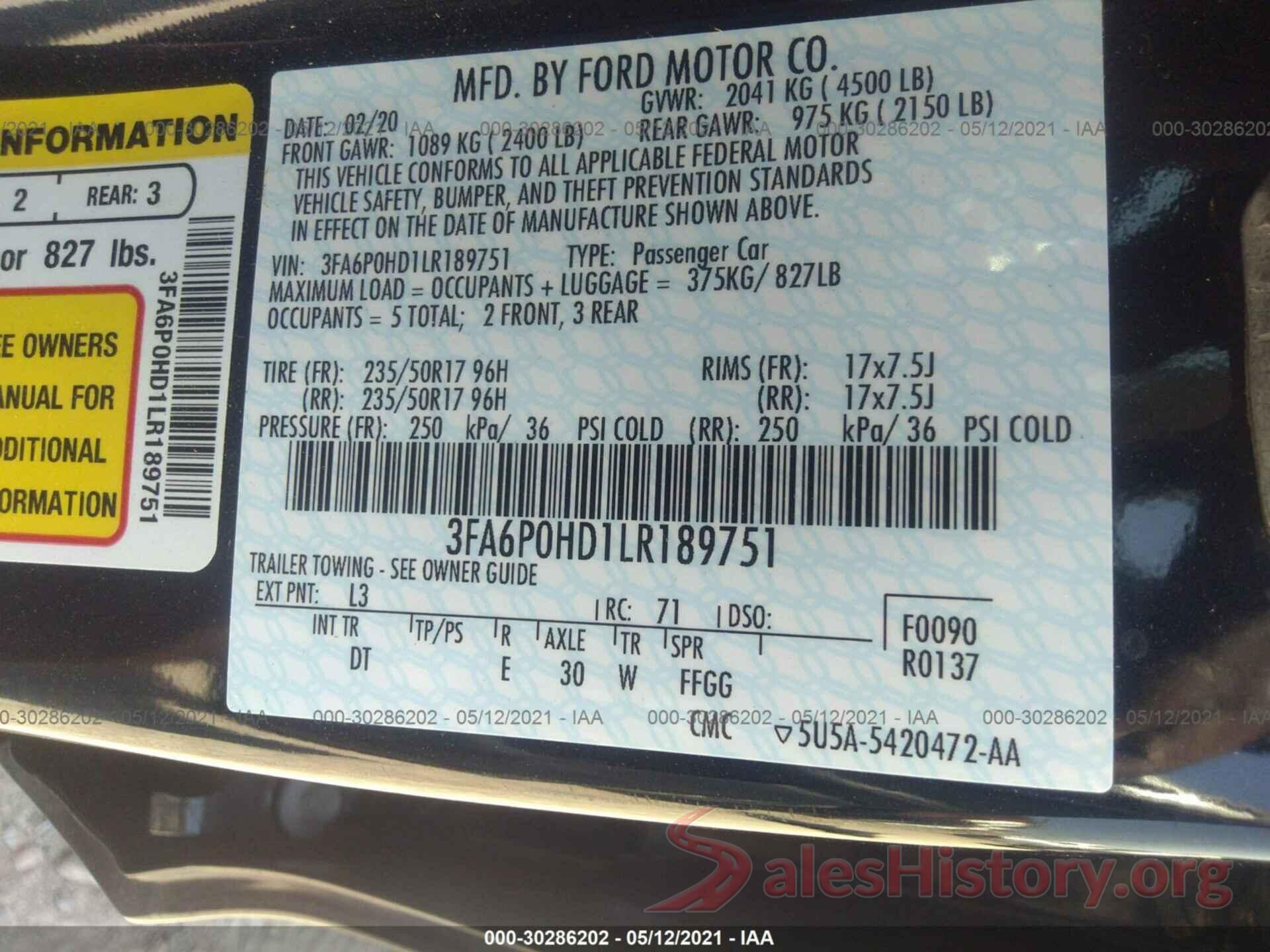 3FA6P0HD1LR189751 2020 FORD FUSION