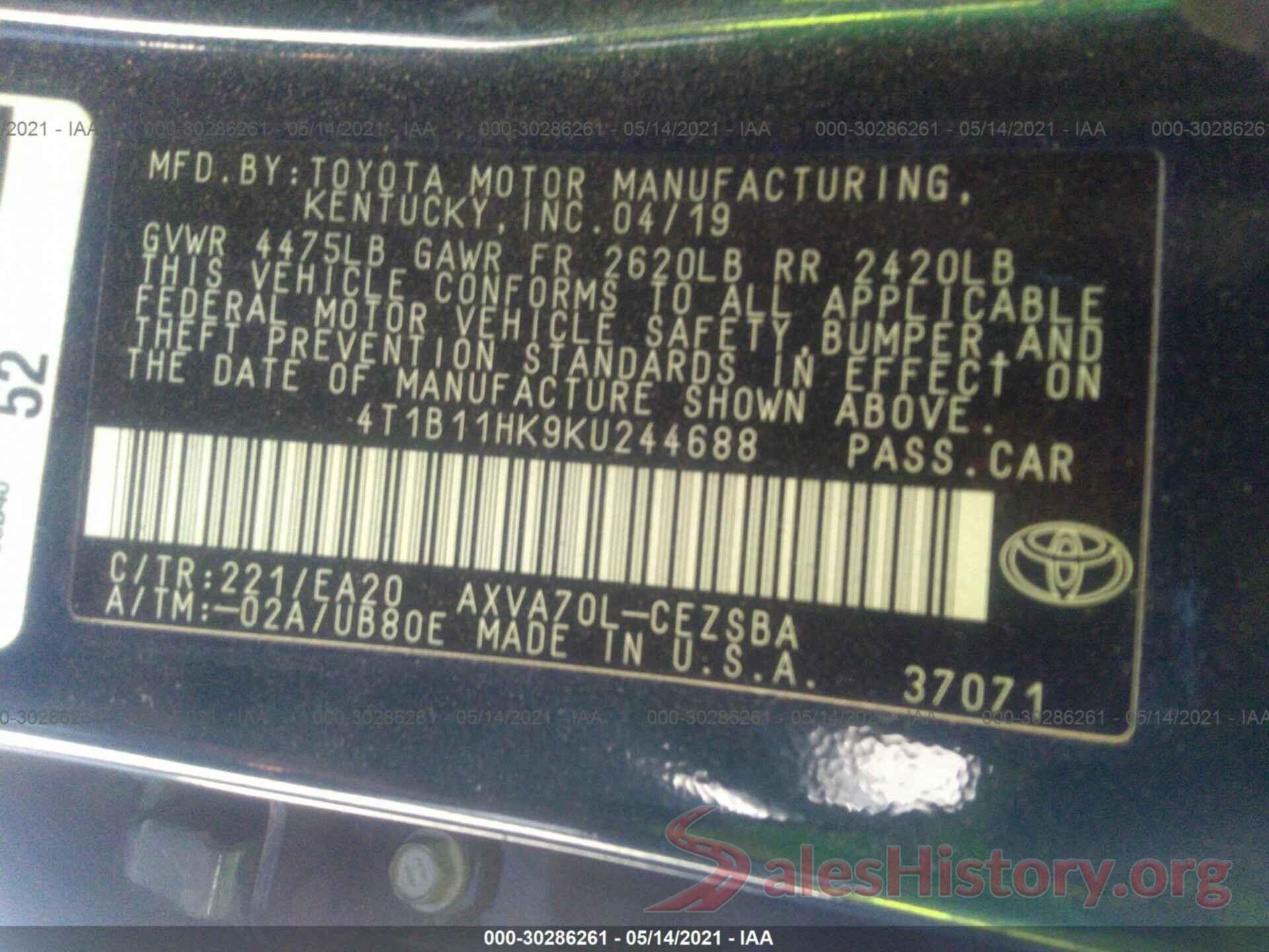 4T1B11HK9KU244688 2019 TOYOTA CAMRY