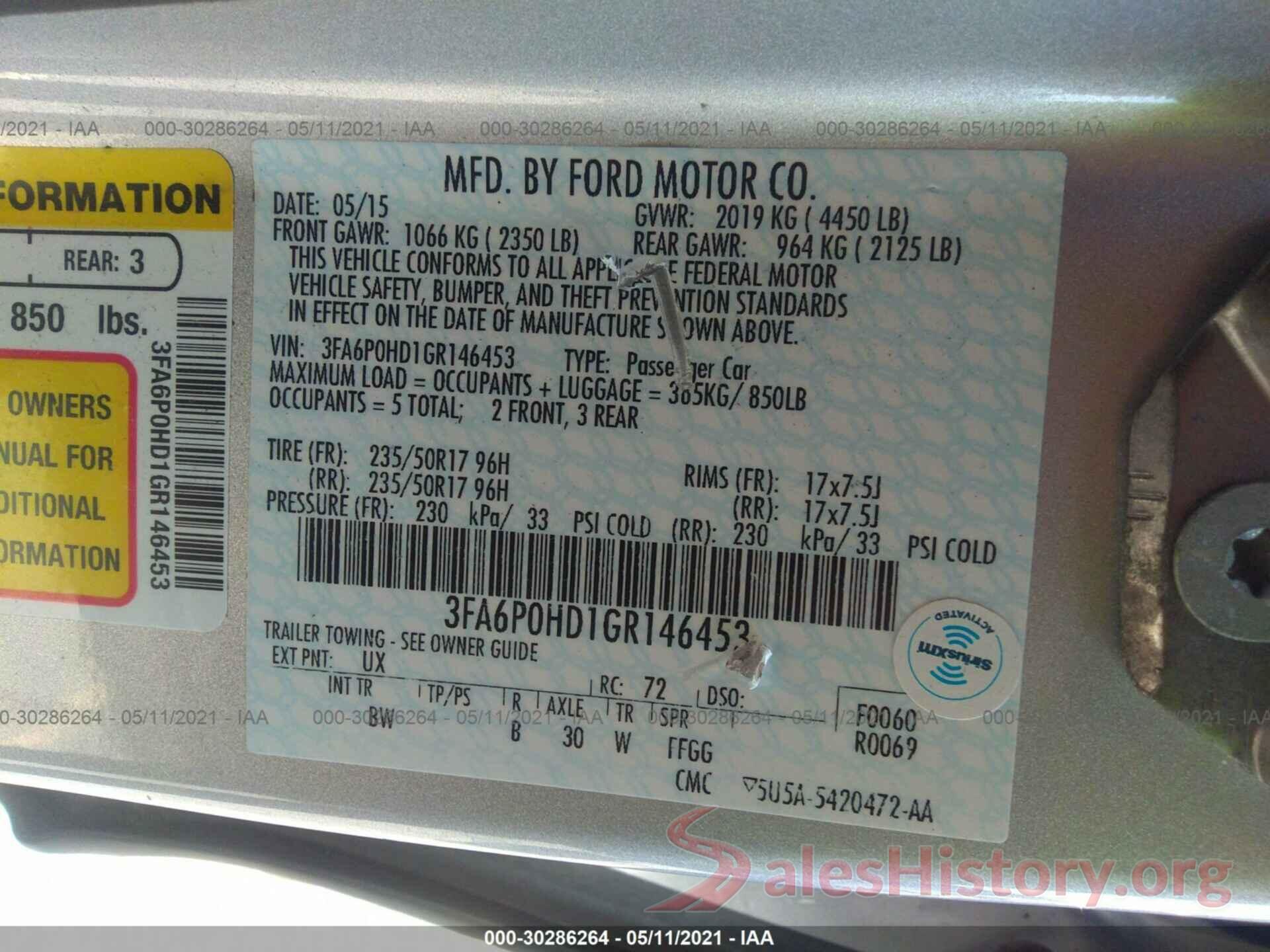 3FA6P0HD1GR146453 2016 FORD FUSION