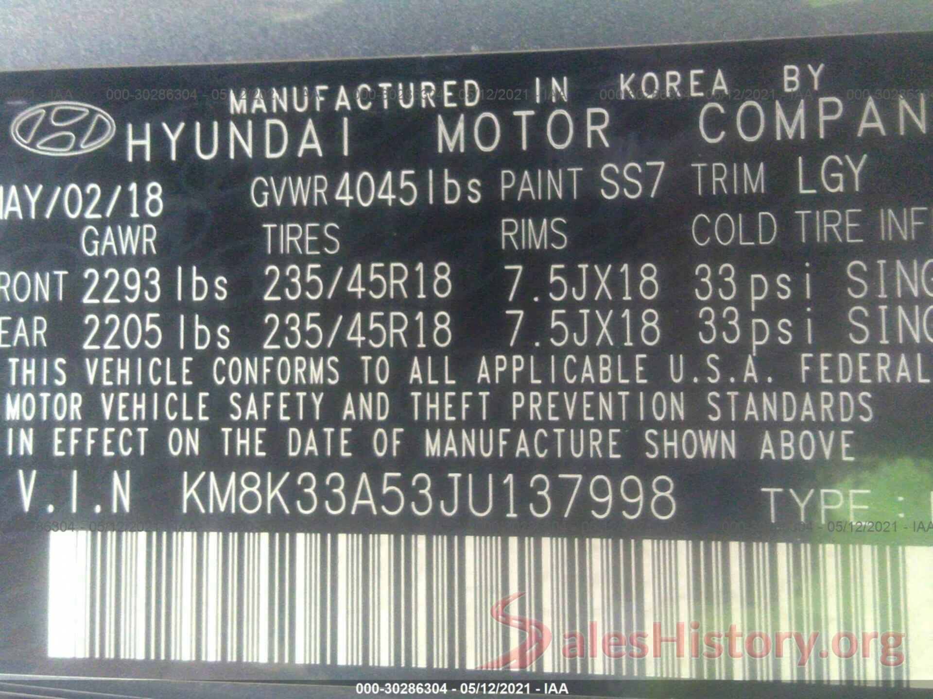 KM8K33A53JU137998 2018 HYUNDAI KONA