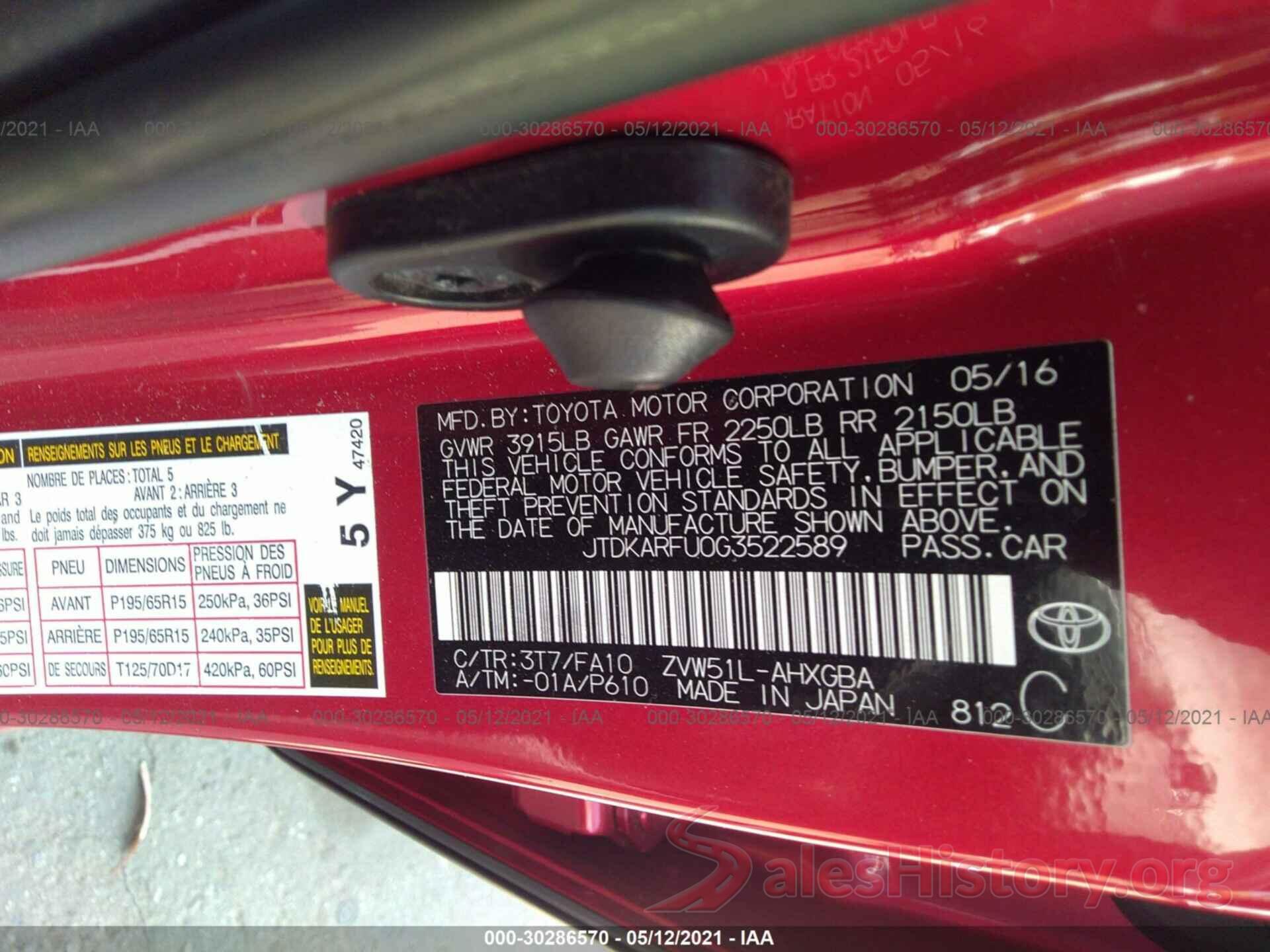 JTDKARFU0G3522589 2016 TOYOTA PRIUS