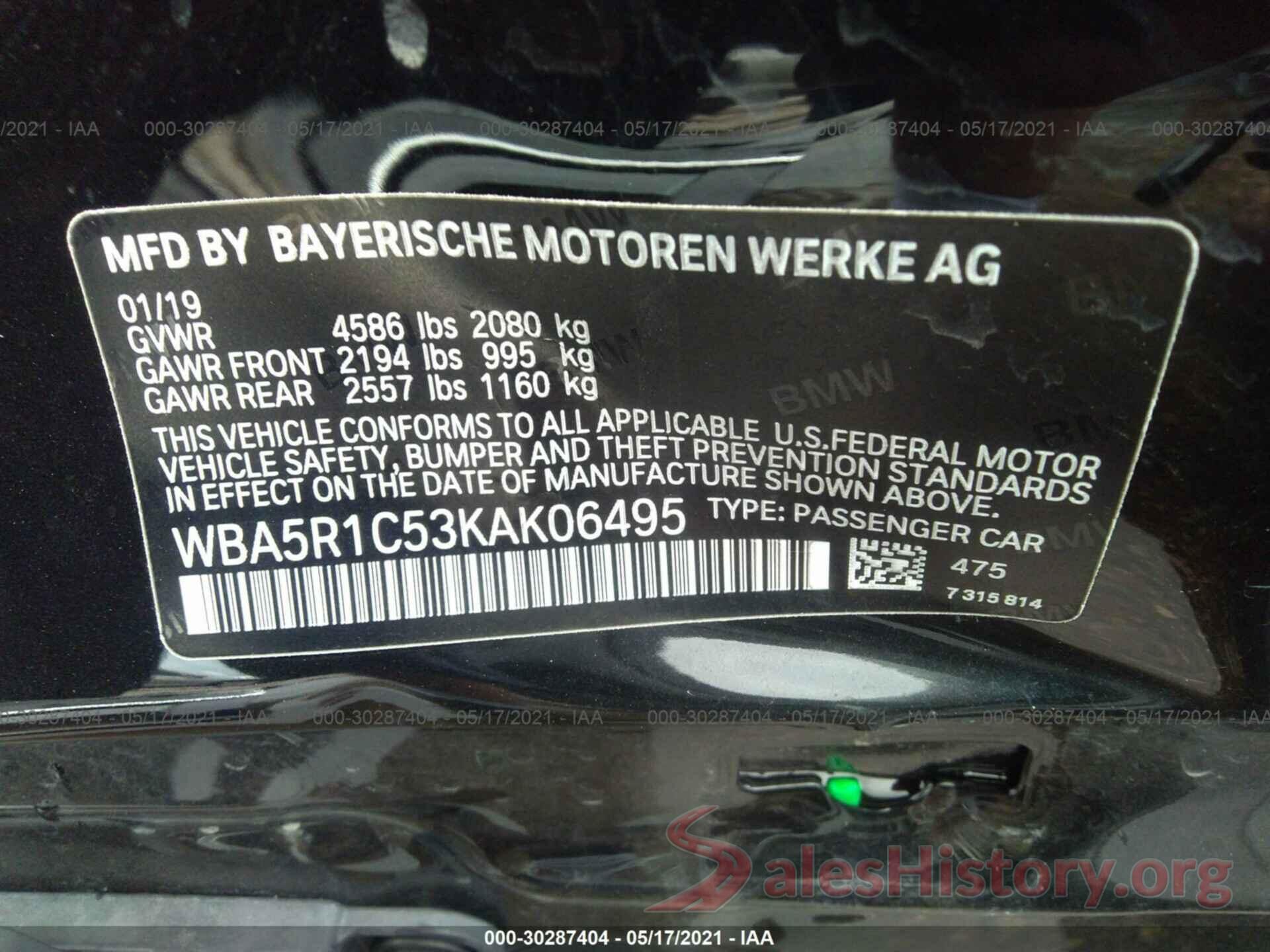 WBA5R1C53KAK06495 2019 BMW 3 SERIES