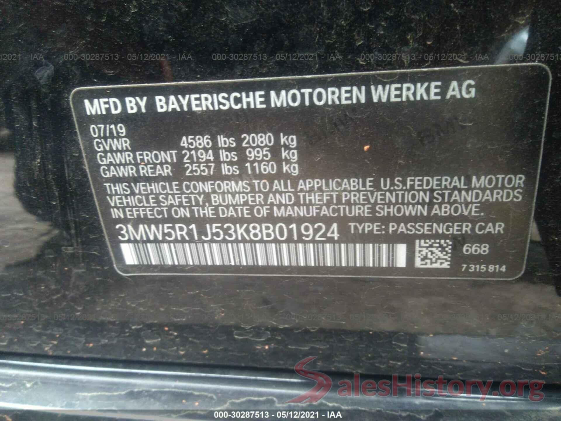 3MW5R1J53K8B01924 2019 BMW 3 SERIES